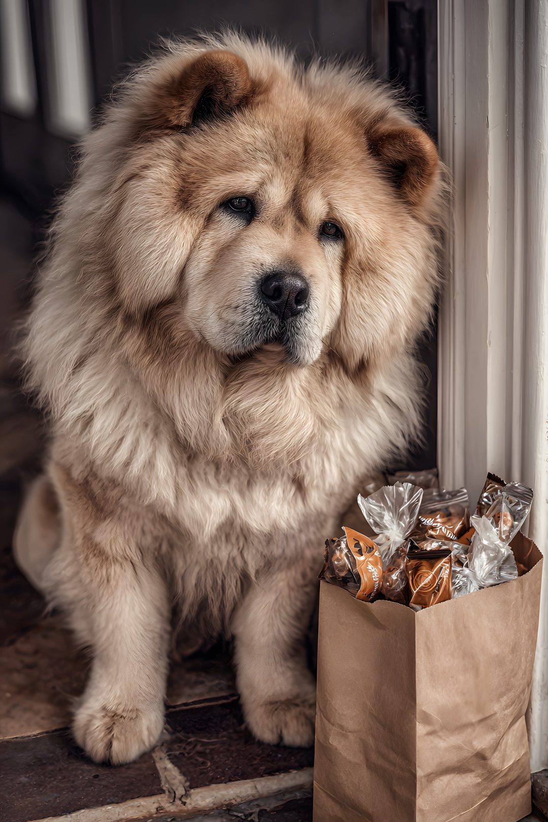 a fluffy dog sitting next to a bag full of treats Halloween Chow Chow dim gray