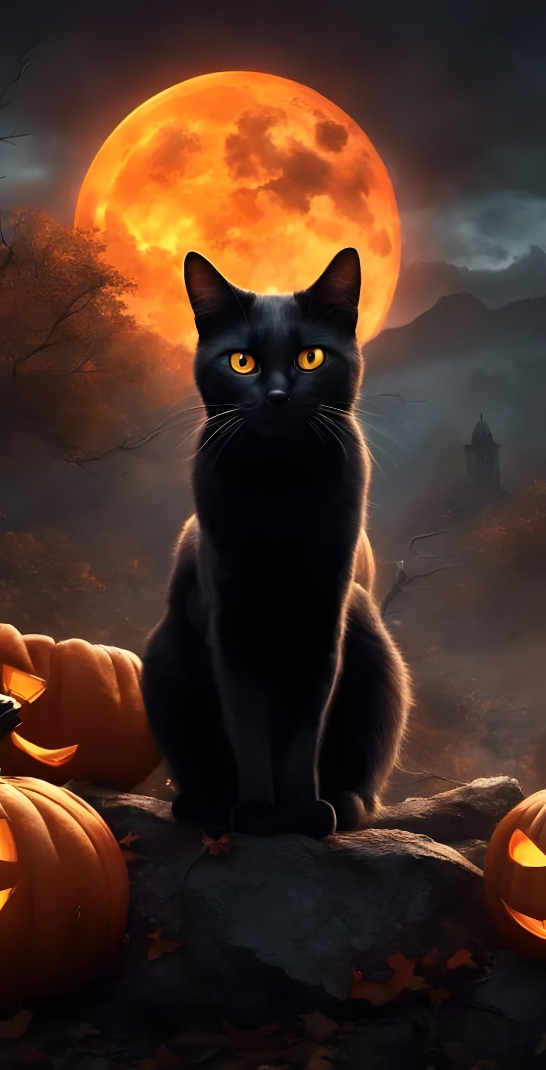 a black cat sitting on top of a pile of jack o lantern pumpkins in front of a full moon Halloween Halloween Black Cat dark slate gray