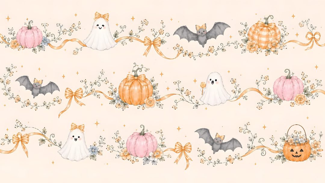 halloween wallpaper with pumpkins, bats and ghostes on white paper in pastel colors Coquette Halloween Laptop old lace