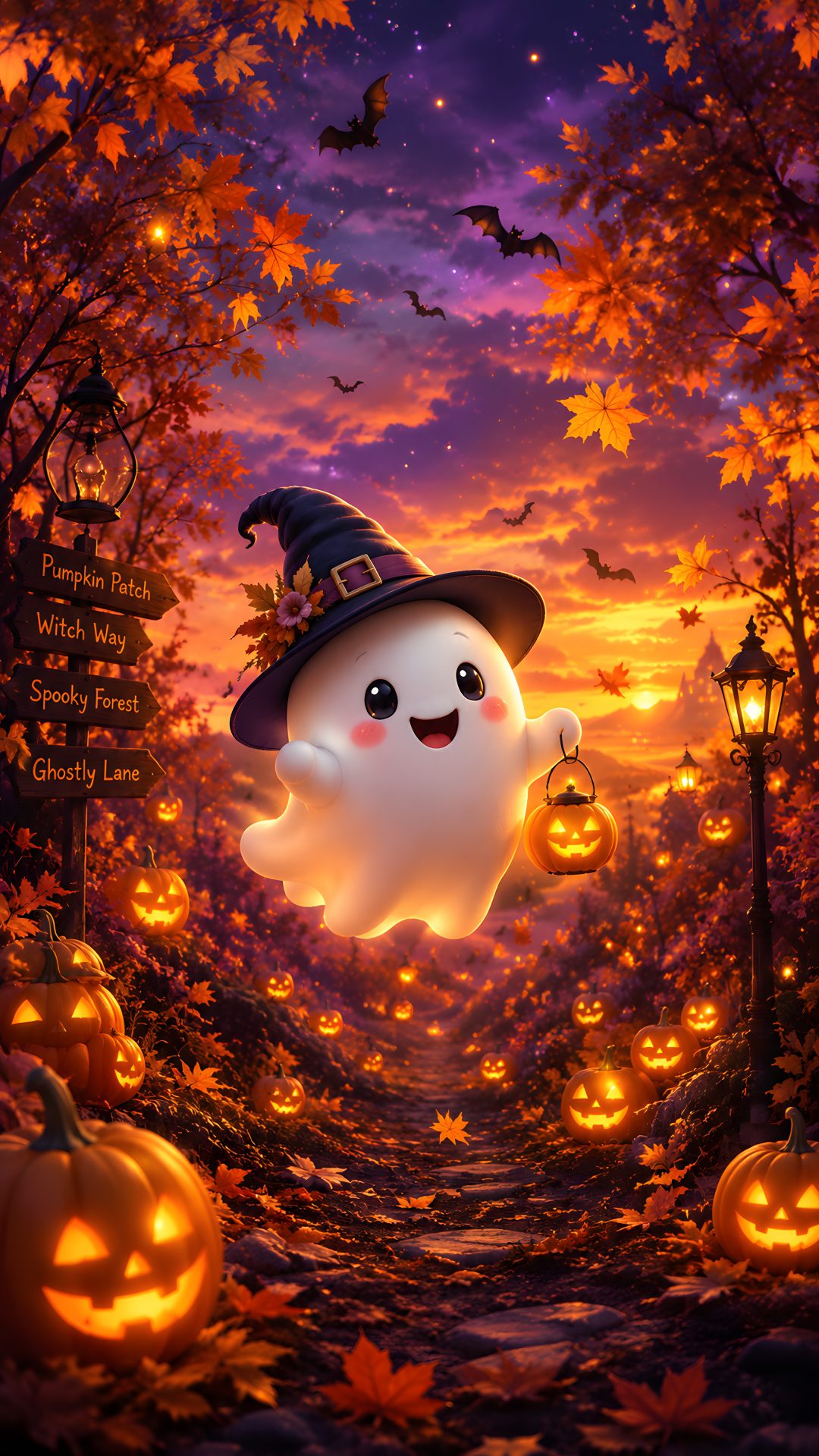a halloween scene with pumpkins and a ghost in the air, all lit up Free Halloween For Android Phone saddle brown
