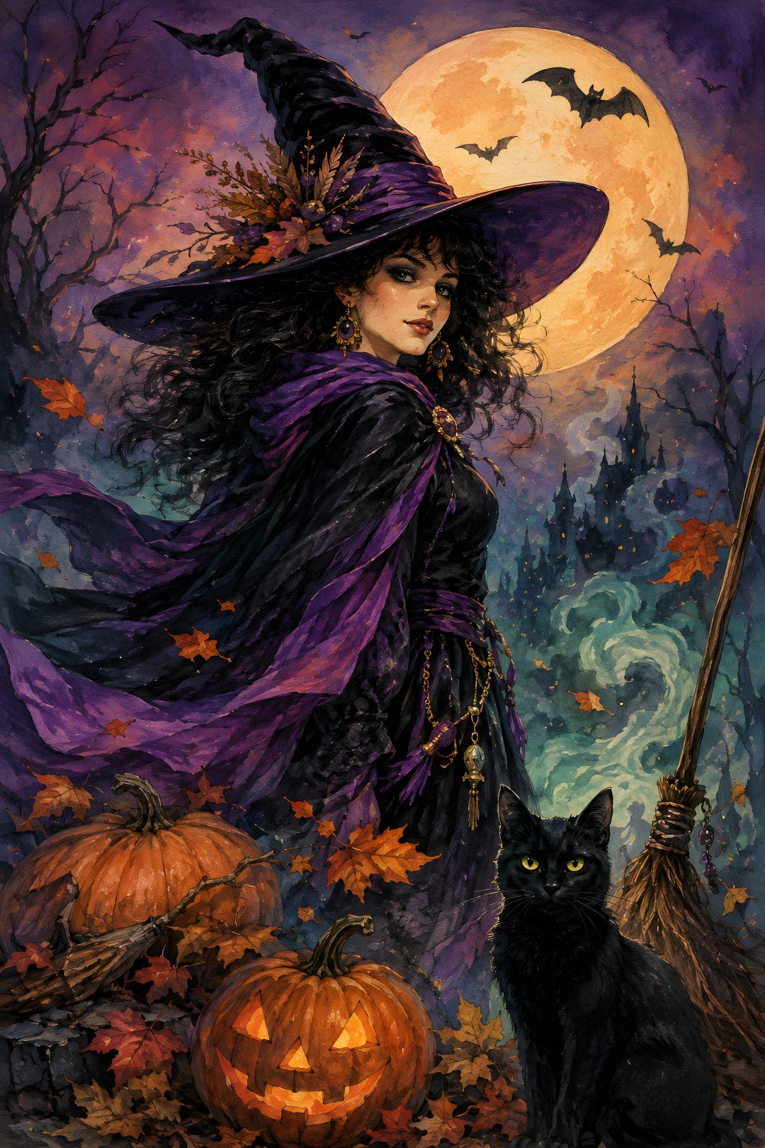 a painting of a witch and her black cat Halloween Witch dark slate gray