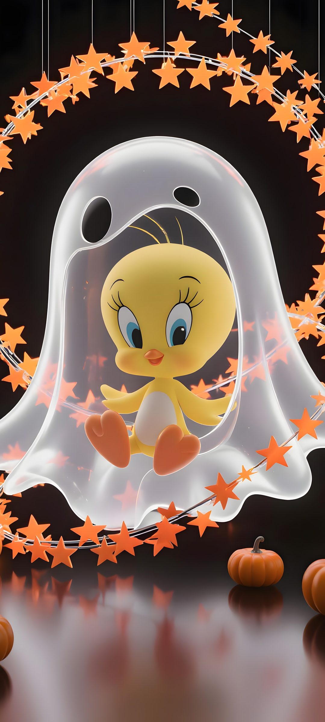 a yellow bird in a white veil with stars around it and pumpkins on the ground Tweety Bird Halloween sienna