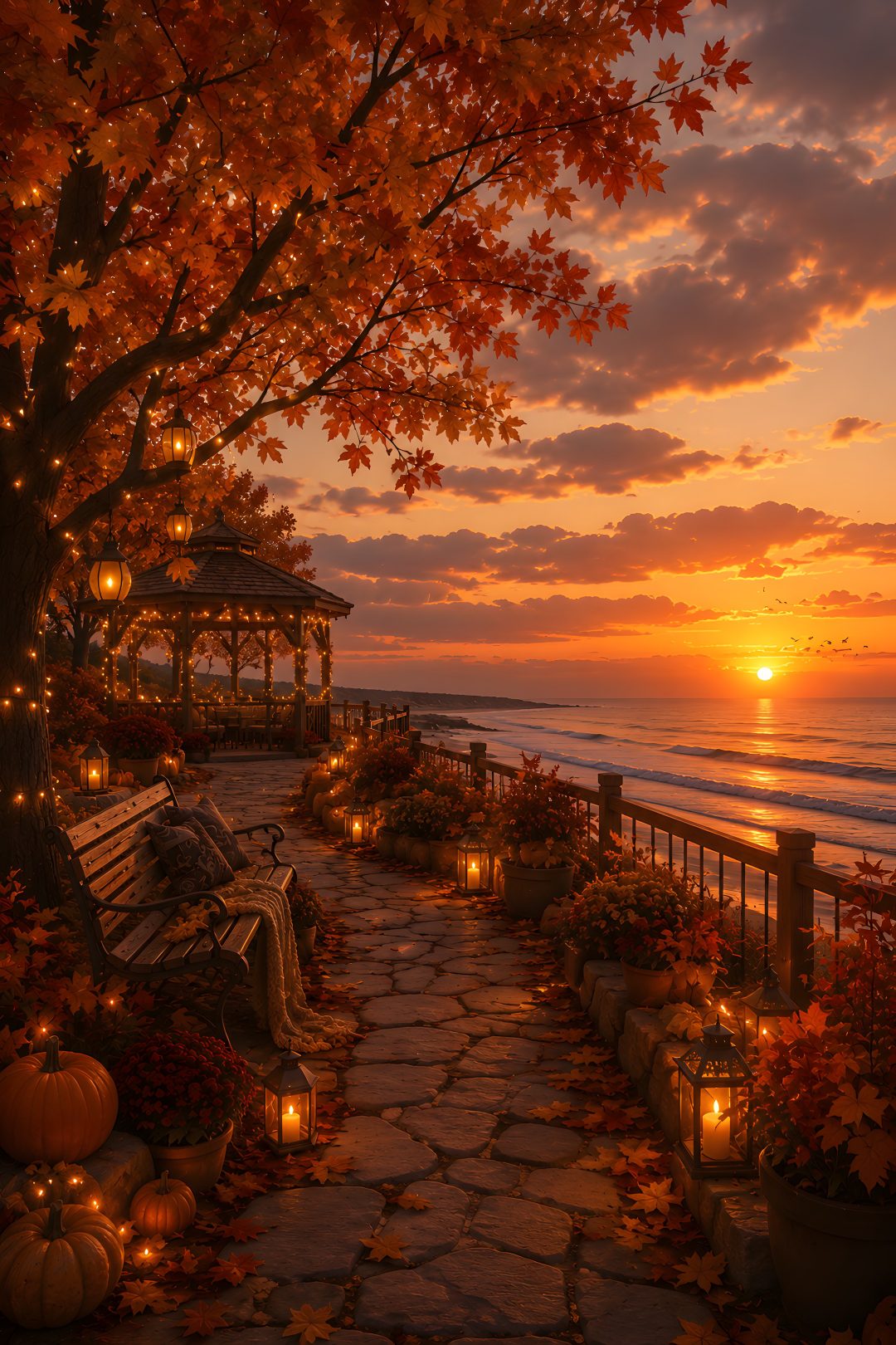 the sun is setting over an ocean with pumpkins and candles Halloween Sunrise maroon