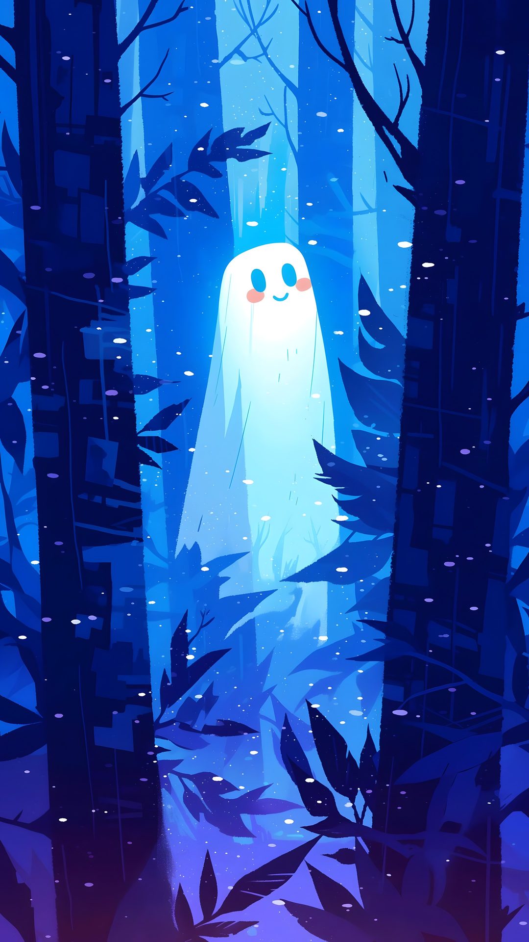 an illustration of a ghost in the middle of a forest with leaves and snow on it Halloween - Ghost Mood - Aqua dark blue
