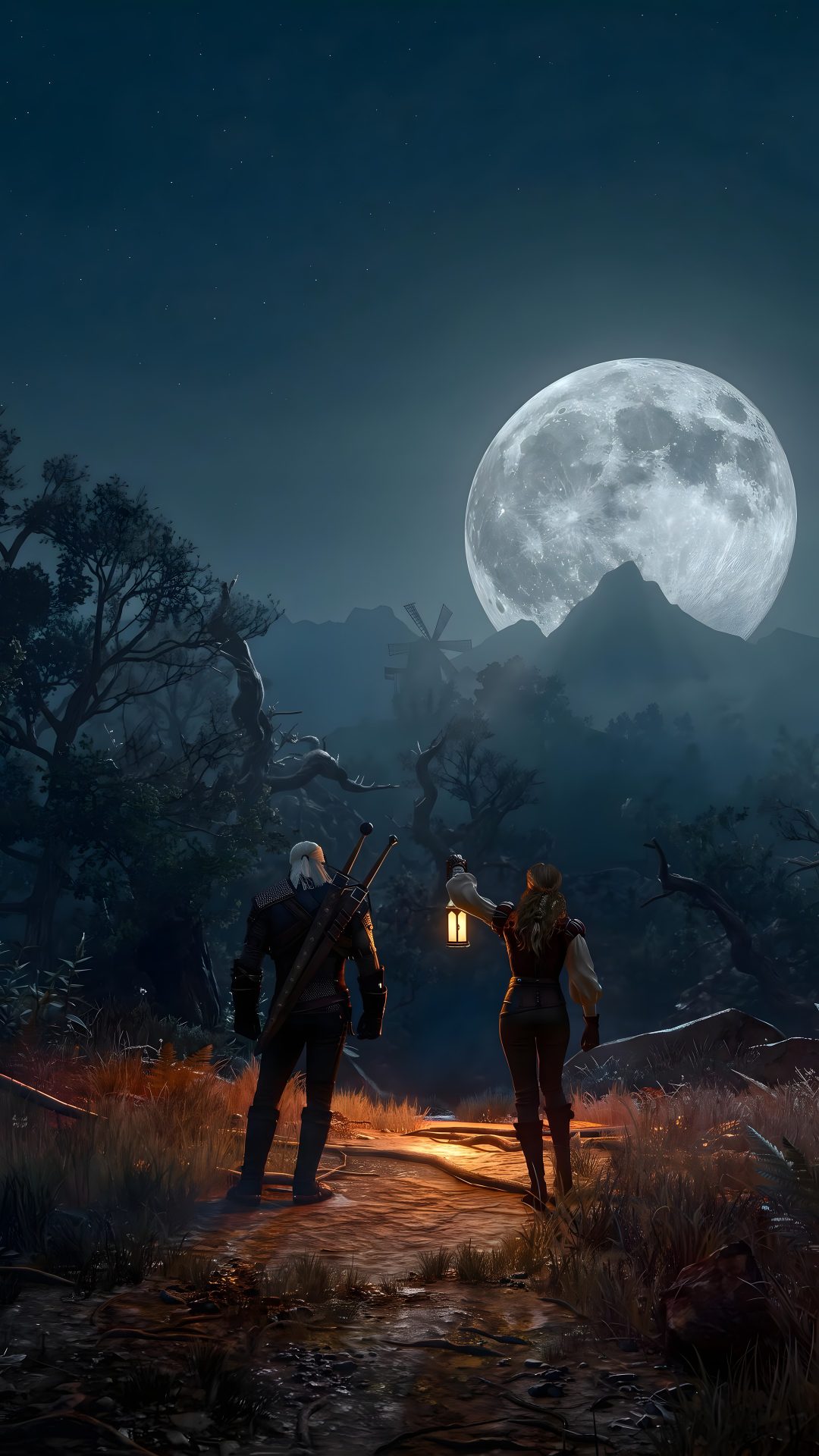 two people standing on a path in front of a full moon, with one holding a lantern Witcher Halloween dark slate gray