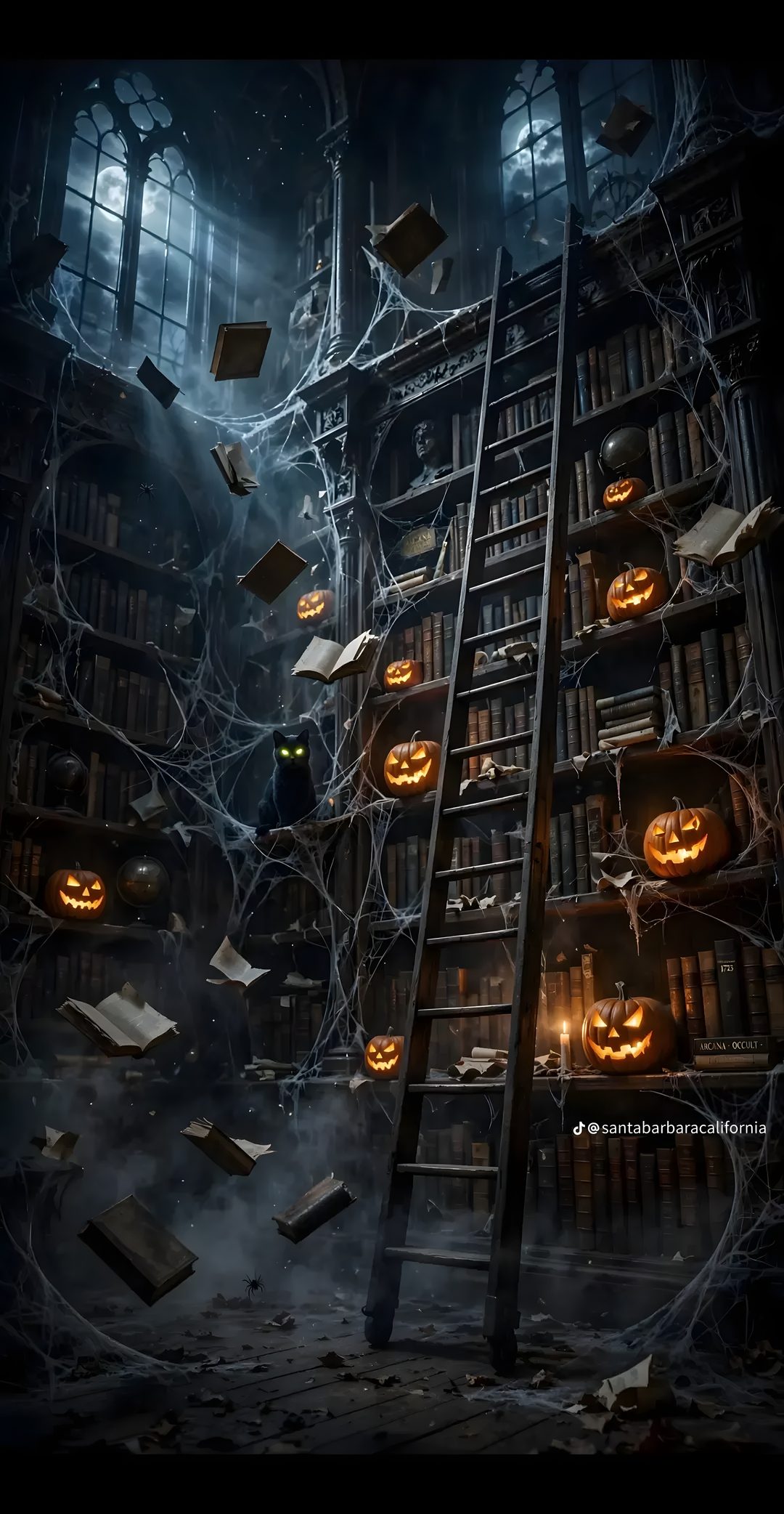 there is a ladder that has books on it and pumpkins hanging from the ceiling Halloween Library black