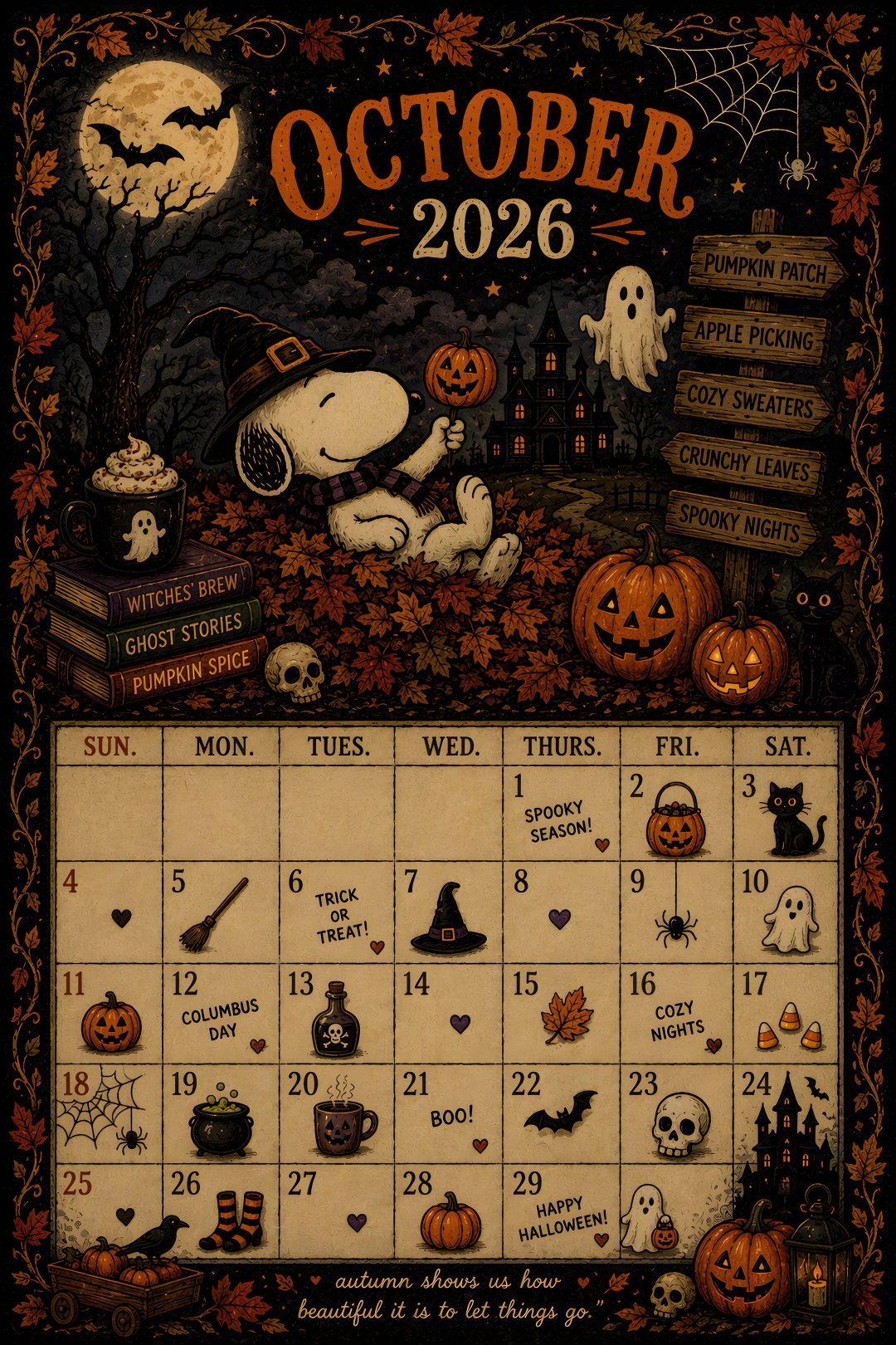 the calendar for october is decorated with pumpkins and jack - o'- lanterns Halloween Calendar black