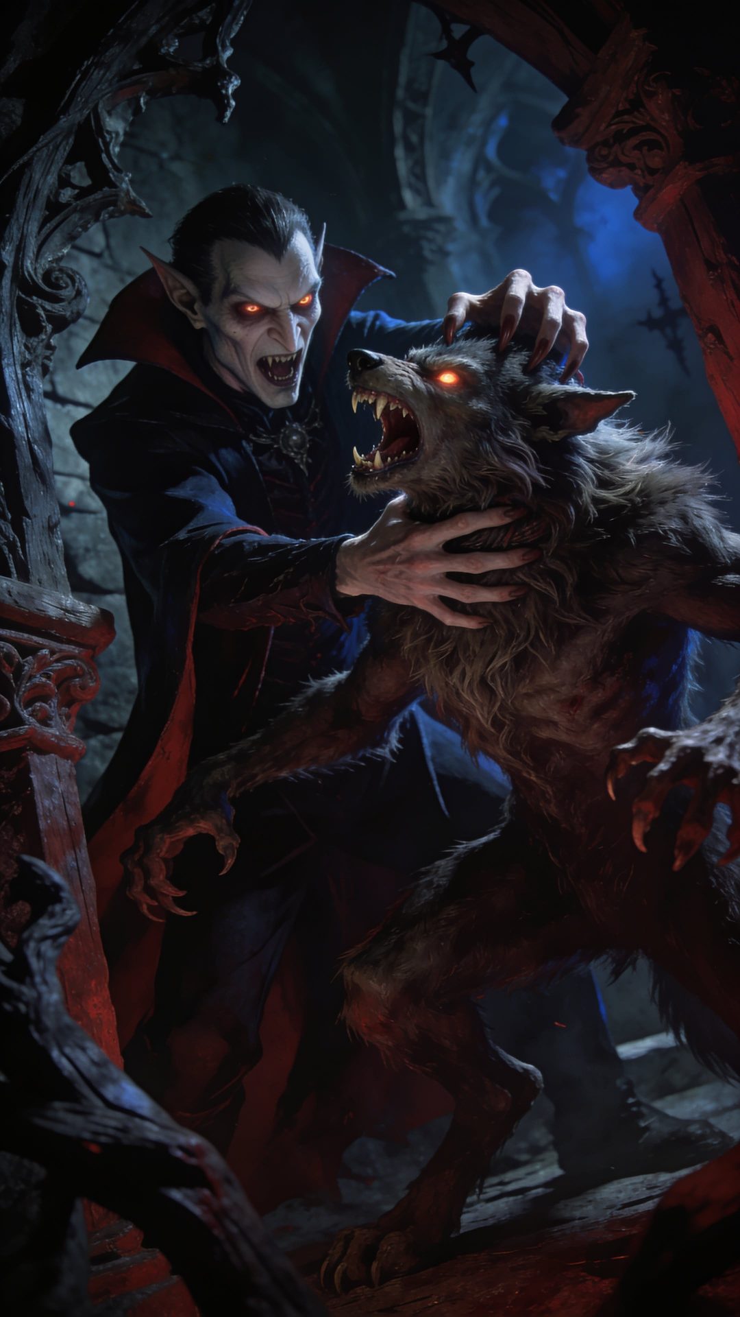 a man in dracula costume is attacking a wolf with his mouth open and glowing eyes Halloween Werewolf black