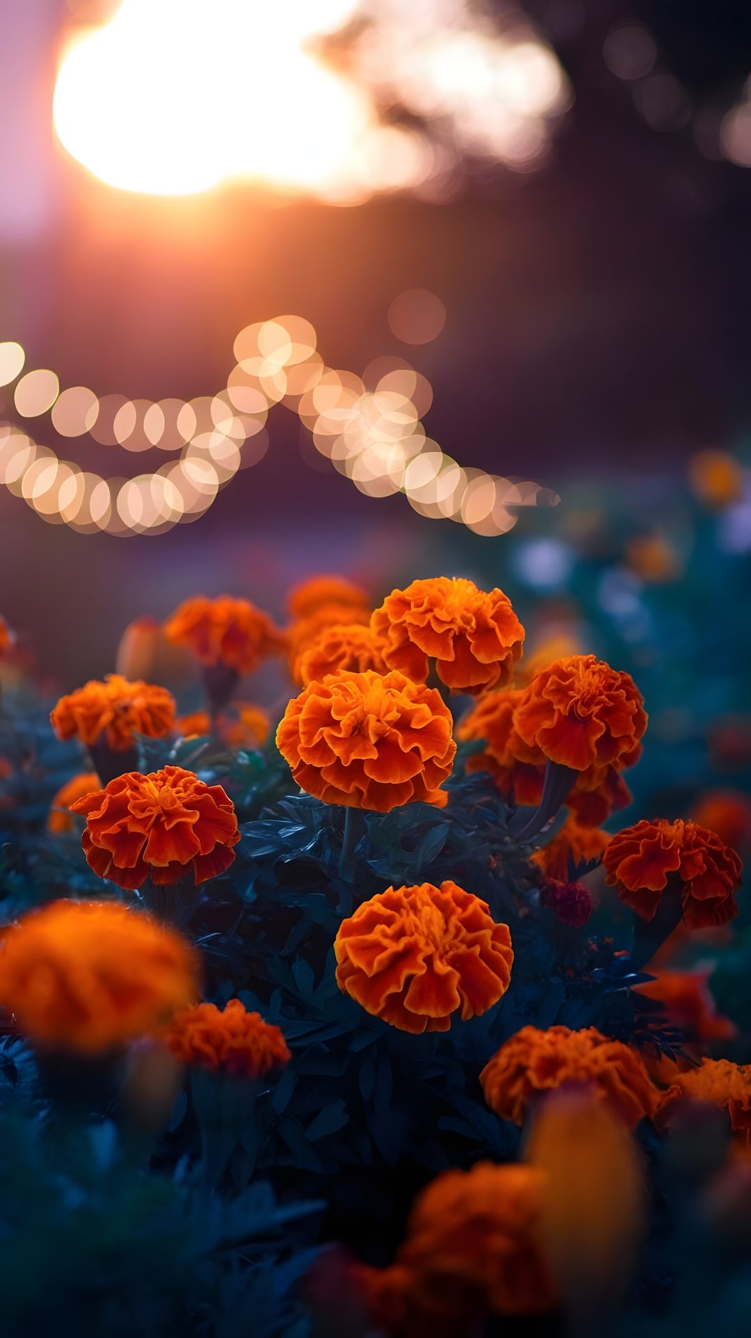 an orange flower is in the middle of some blue grass and lights are behind it Halloween Marigold Desktop, Marigold Iphone, dark slate gray