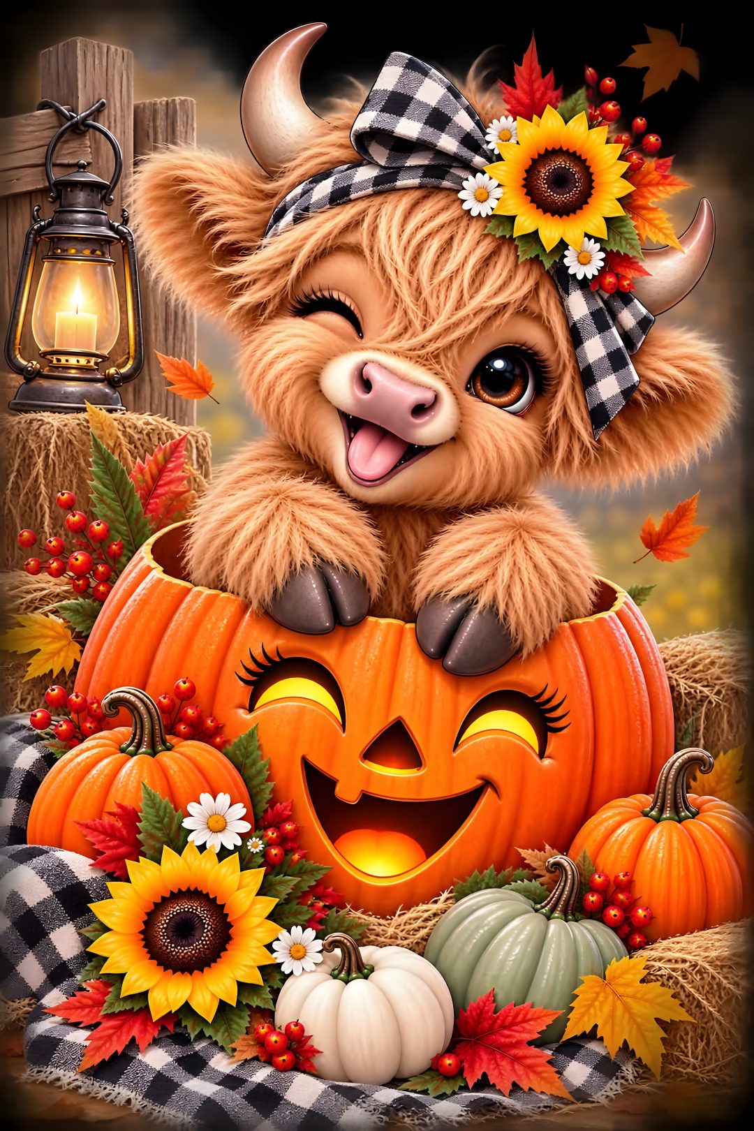 a painting of a cow sitting on top of a pumpkin with sunflowers around it Cute Halloween Highland Cow sienna