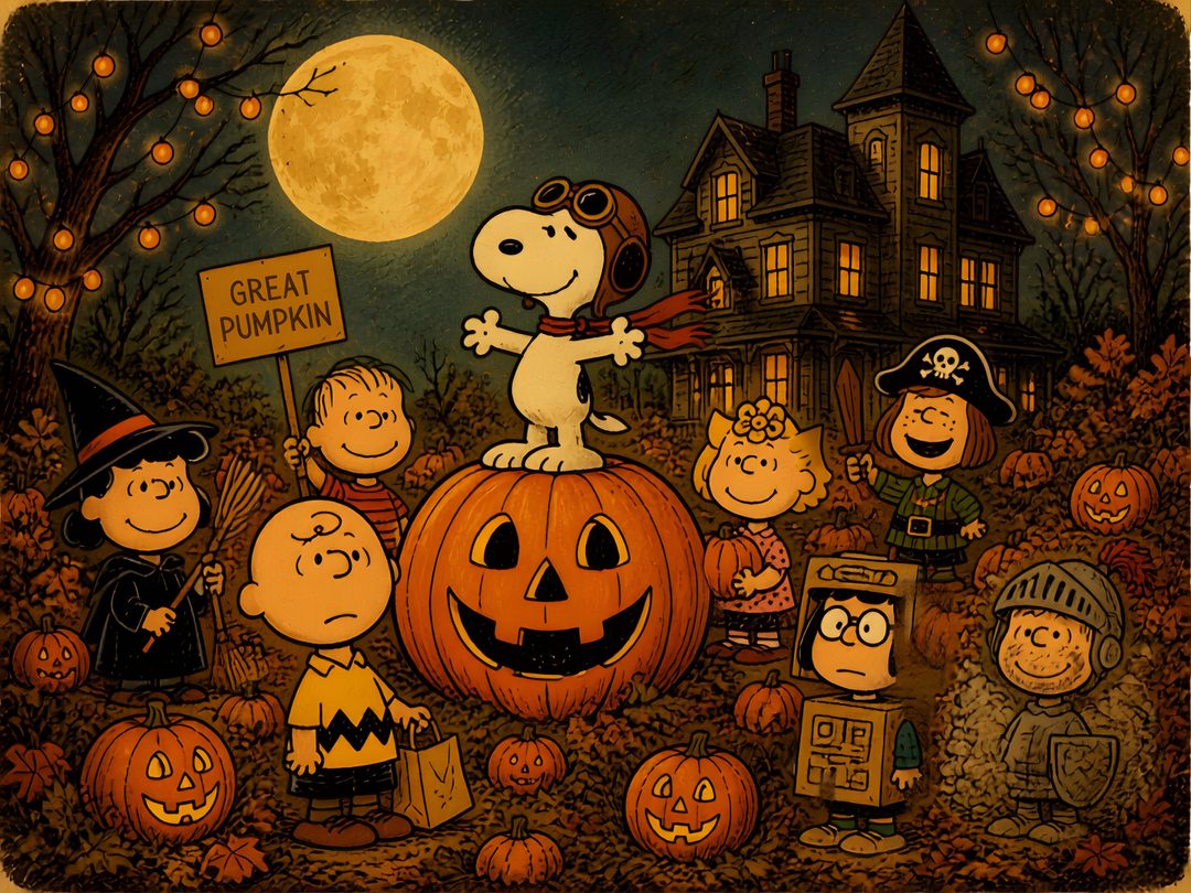 the peanuts gang is on top of a pumpkin in front of a house with a full moon Charlie Brown Halloween Desktop maroon