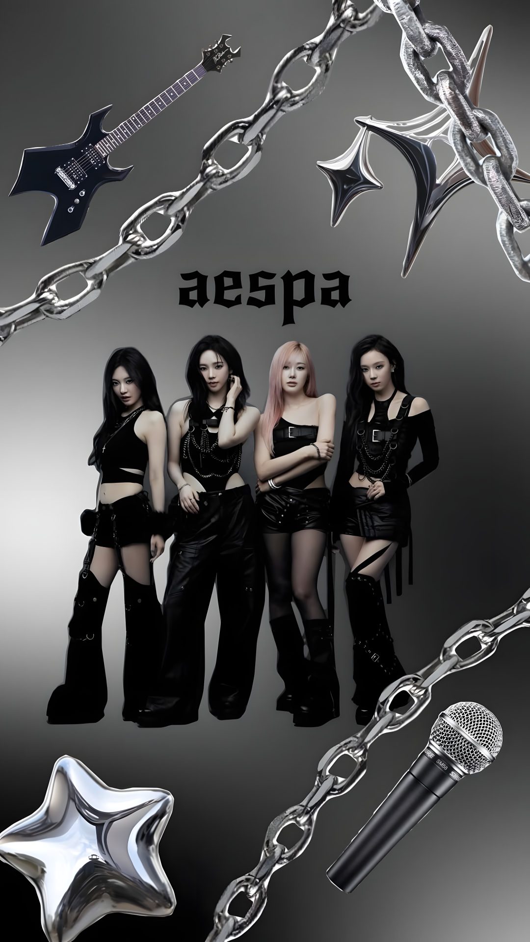 the group aespa is wearing all black and posing in front of a microphone Kpop Halloween Skin Care, Halloween, dark slate gray