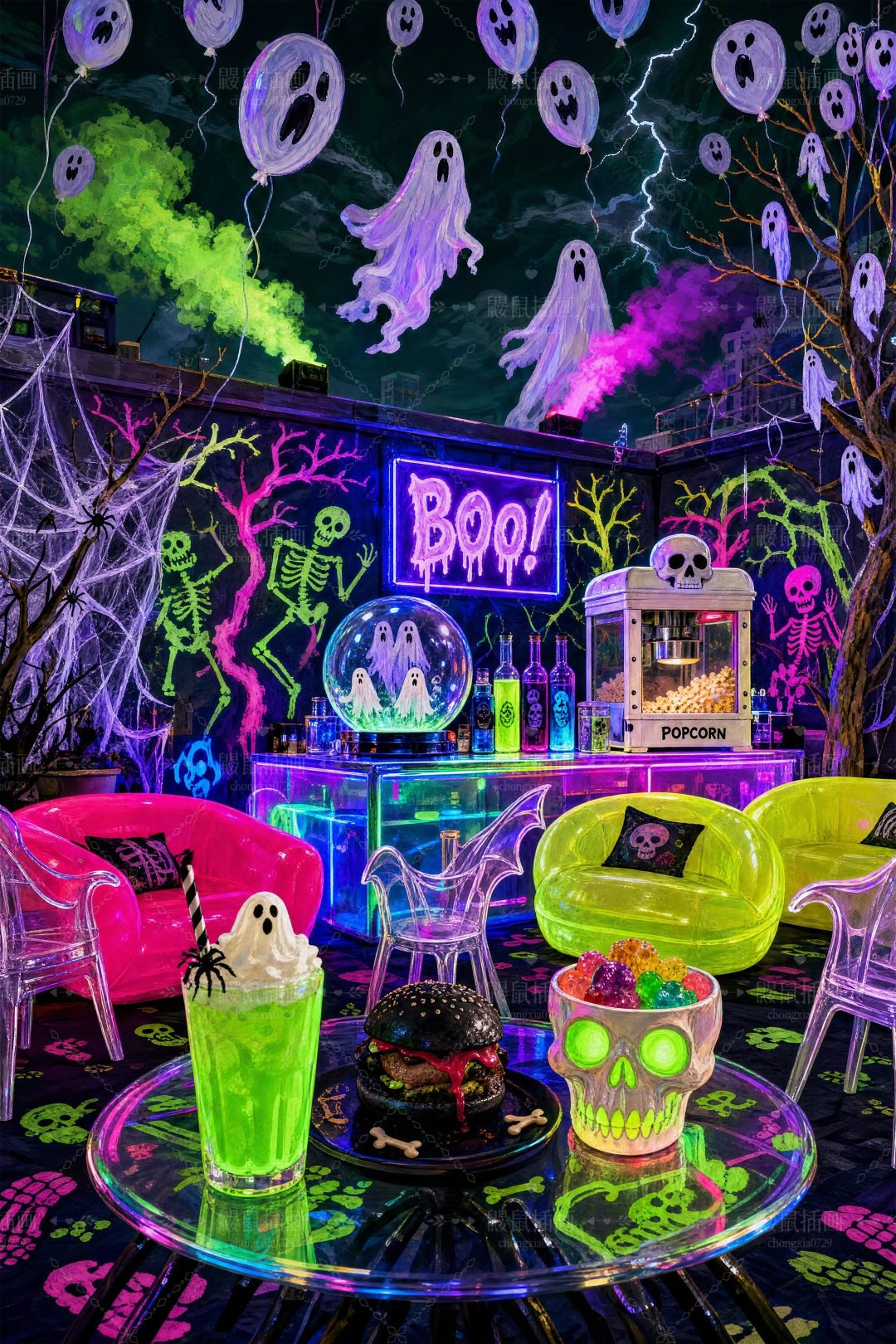 a living room decorated for halloween with neon lights and ghost decorations on the walls, furniture and decor Neon Aesthetic Halloween dark slate gray