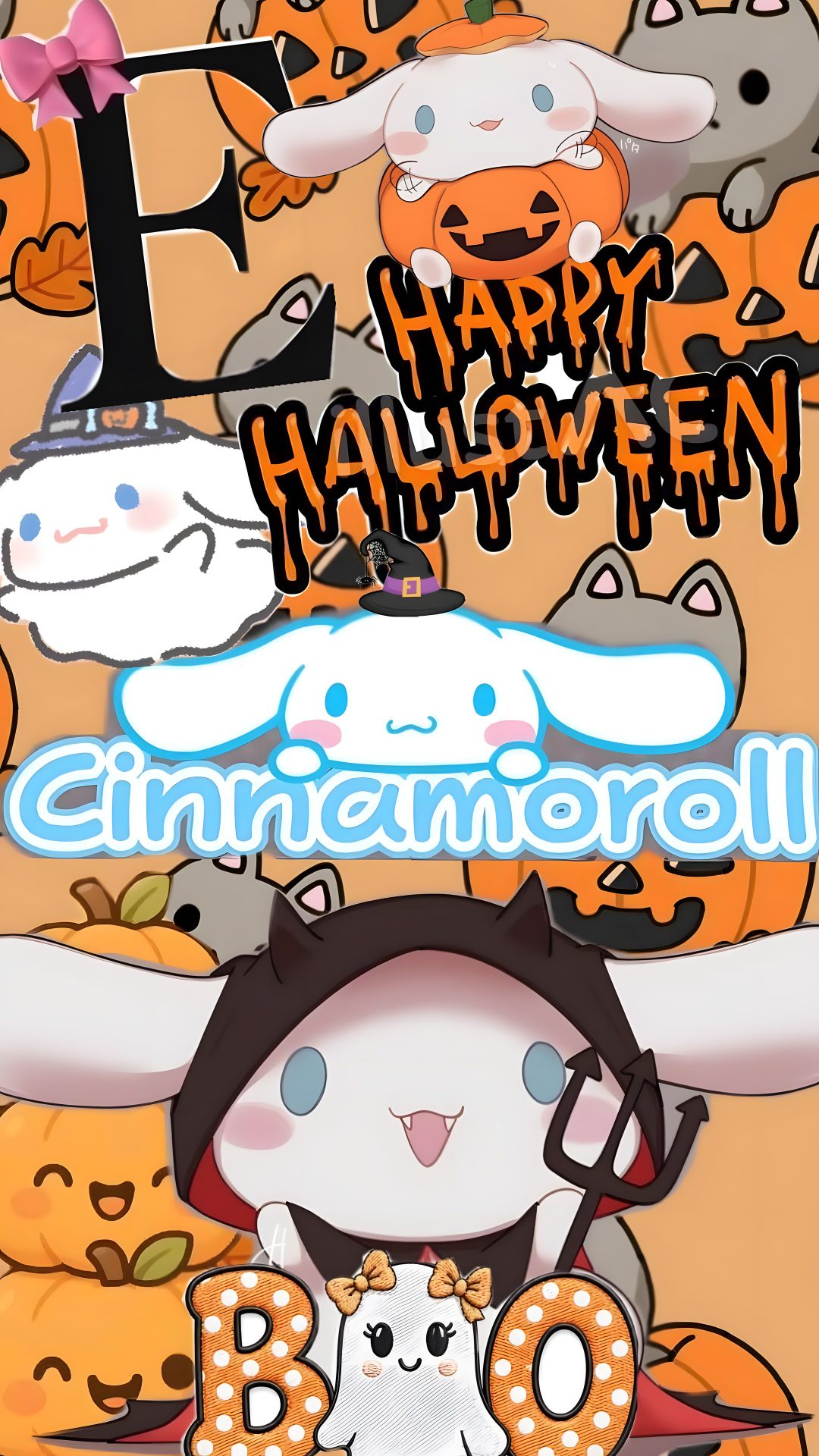 an animal themed halloween card with pumpkins and cats Happy Halloween Cinnamoroll Halloween sandy brown