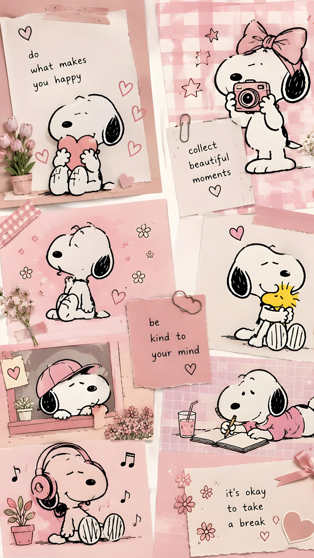 some pink cards with snoopy characters on them and hearts around the edges, one has a camera in its hand Pink Snoopy Halloween pink
