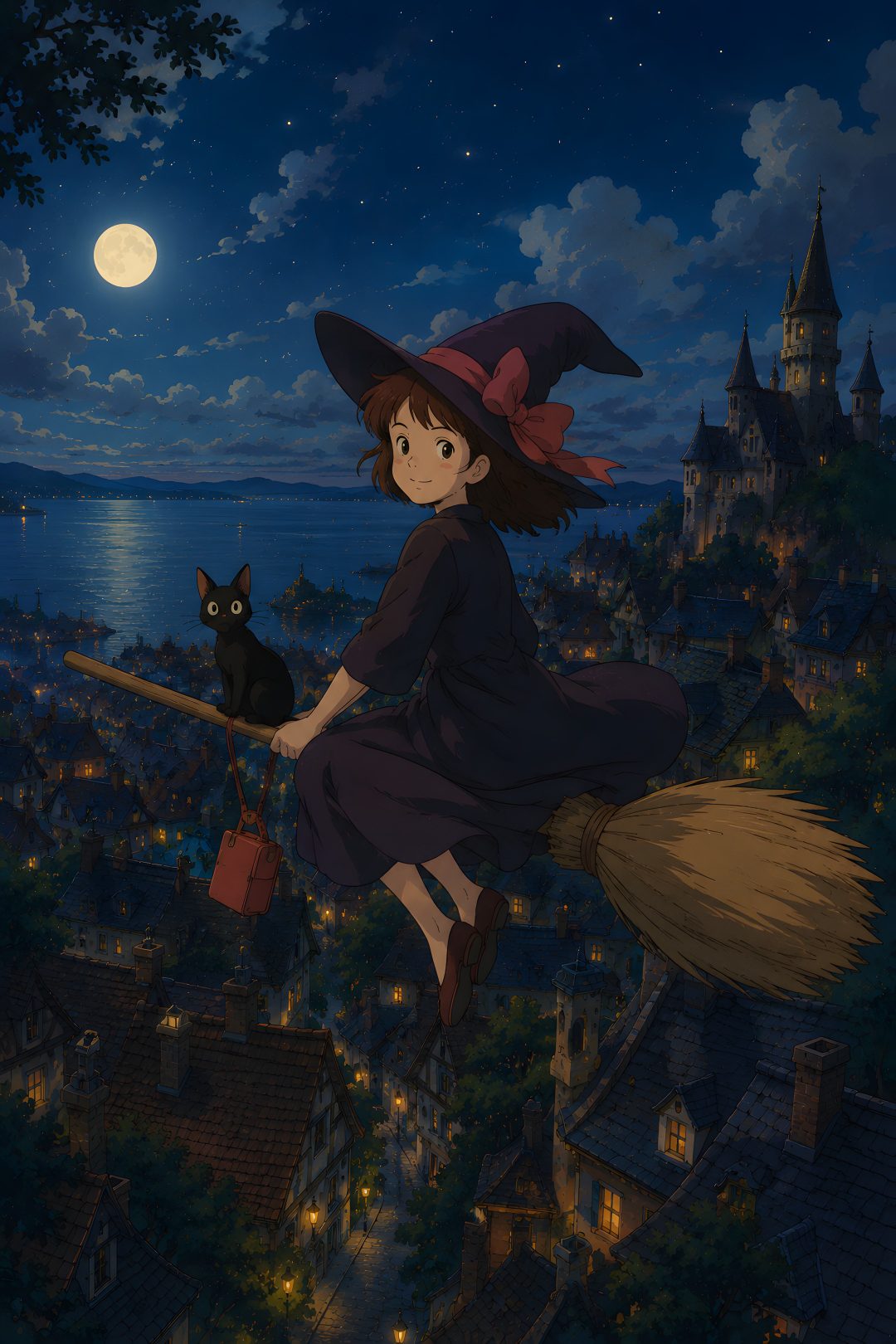a woman flying through the air on top of a broom next to a black cat Ghibli Halloween black