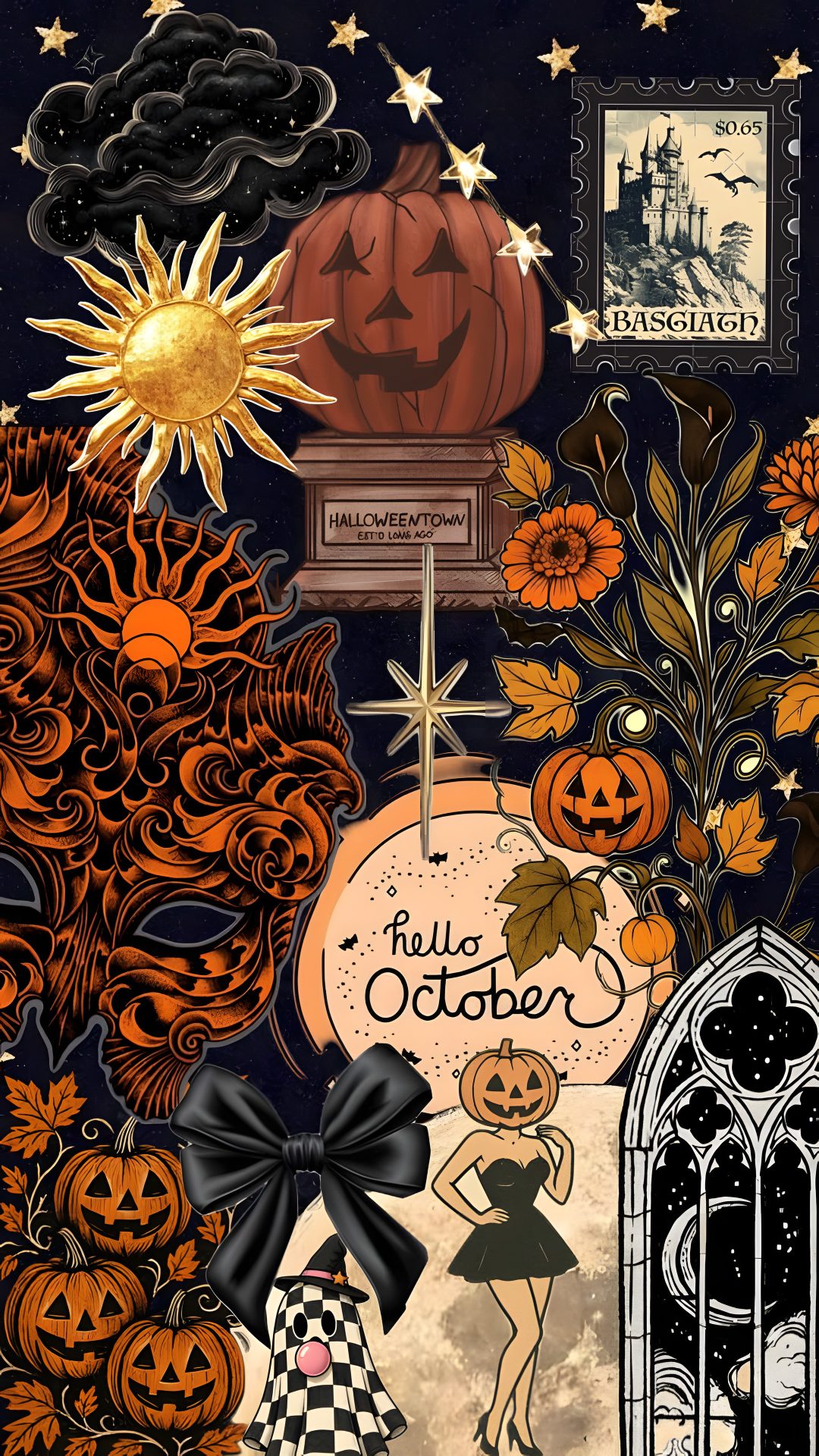 a halloween scene with pumpkins and other decorations Black And Gold And Orange Halloween dark olive green
