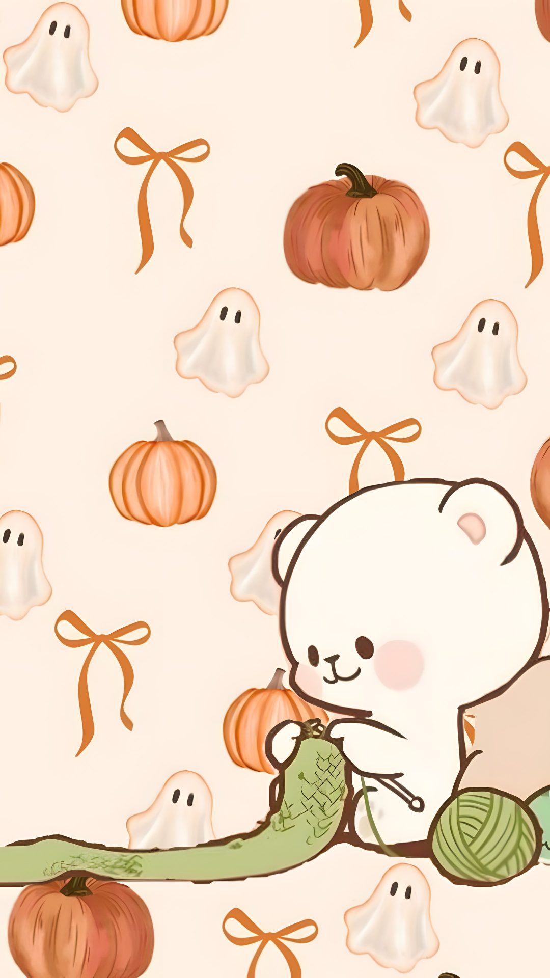 a white teddy bear sitting on top of a green ball of yarn next to pumpkins Halloween Matching linen
