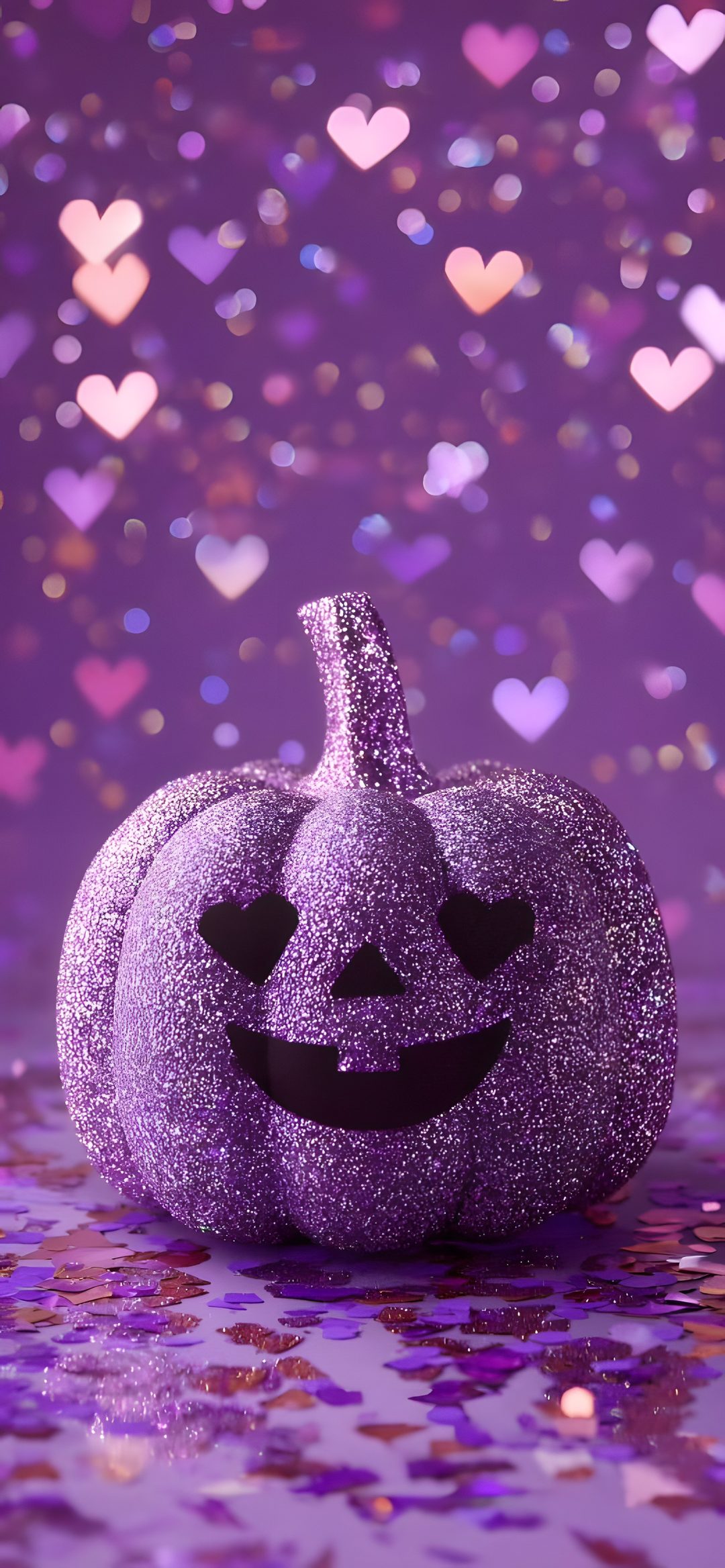 a purple glitter pumpkin sitting on top of a table next to confetti hearts Halloween Glitter Iphone Sparkly Halloween, Halloween, dark slate blue