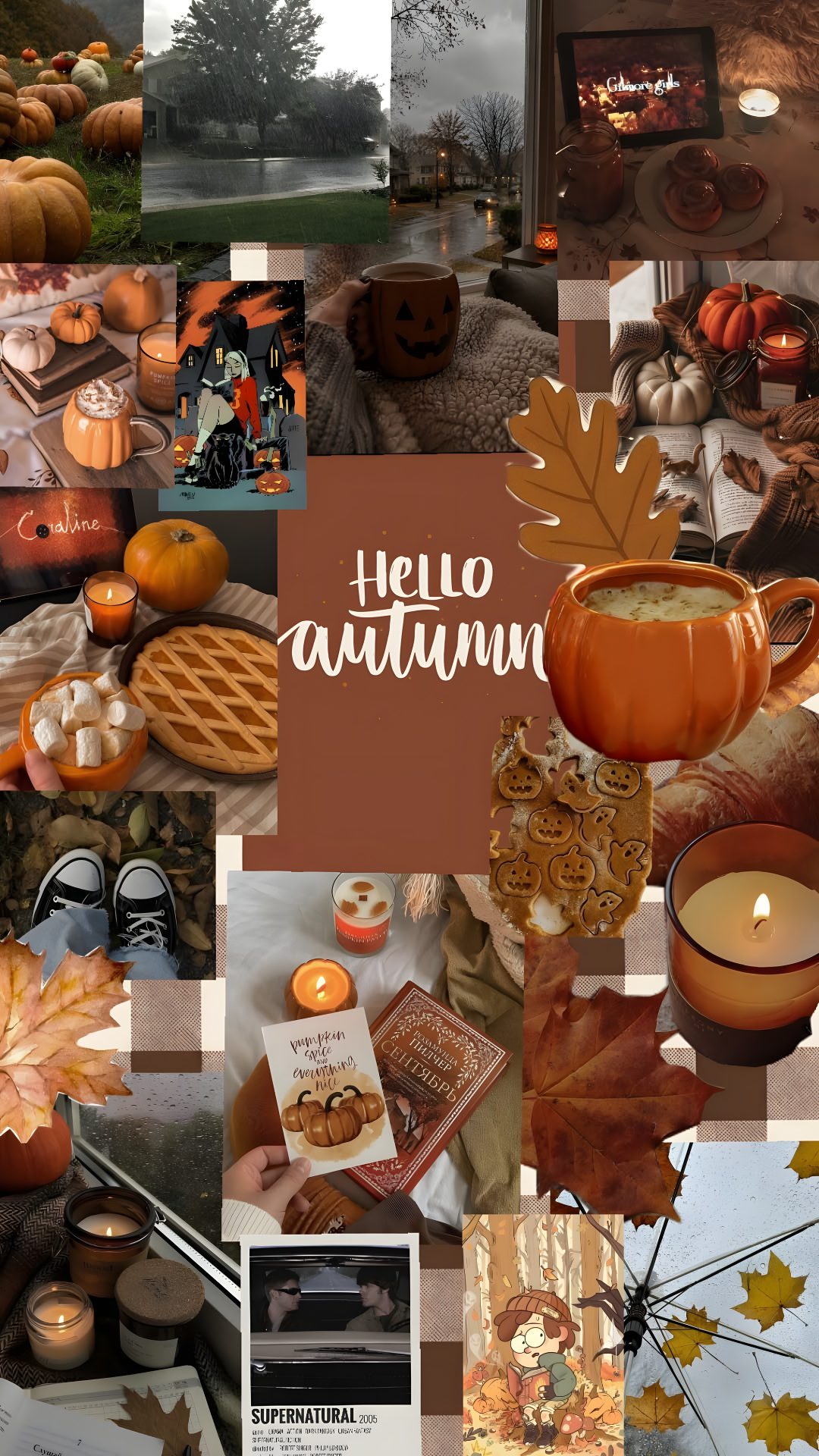 a collage of photos with pumpkins, candles and other things in them that include leaves Autumn Aesthetic Autumn Halloween saddle brown