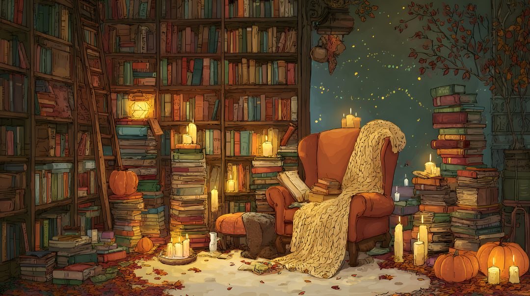 a room filled with lots of books and candles in front of a book shelf full of books Halloween Library Cozy Desktop, Cozy Fashion, Cozy Computer Background, dark olive green