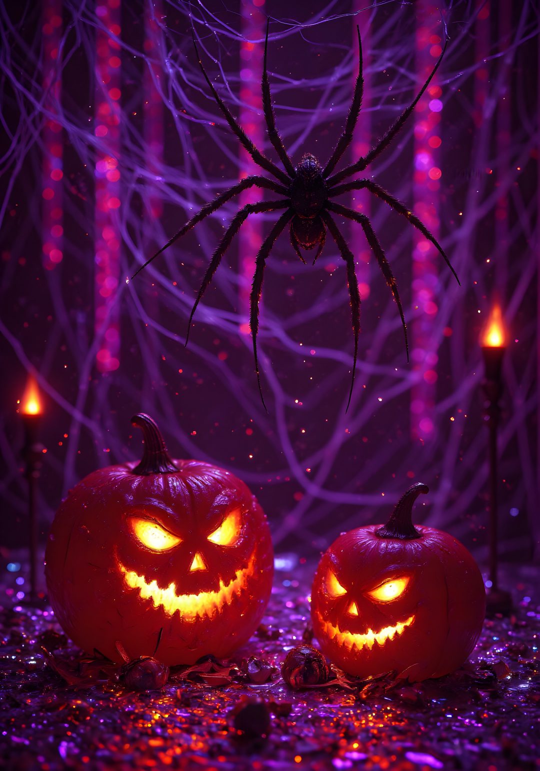 two jack o lantern pumpkins sitting next to each other on a purple background with lights Neon Purple Halloween midnight blue