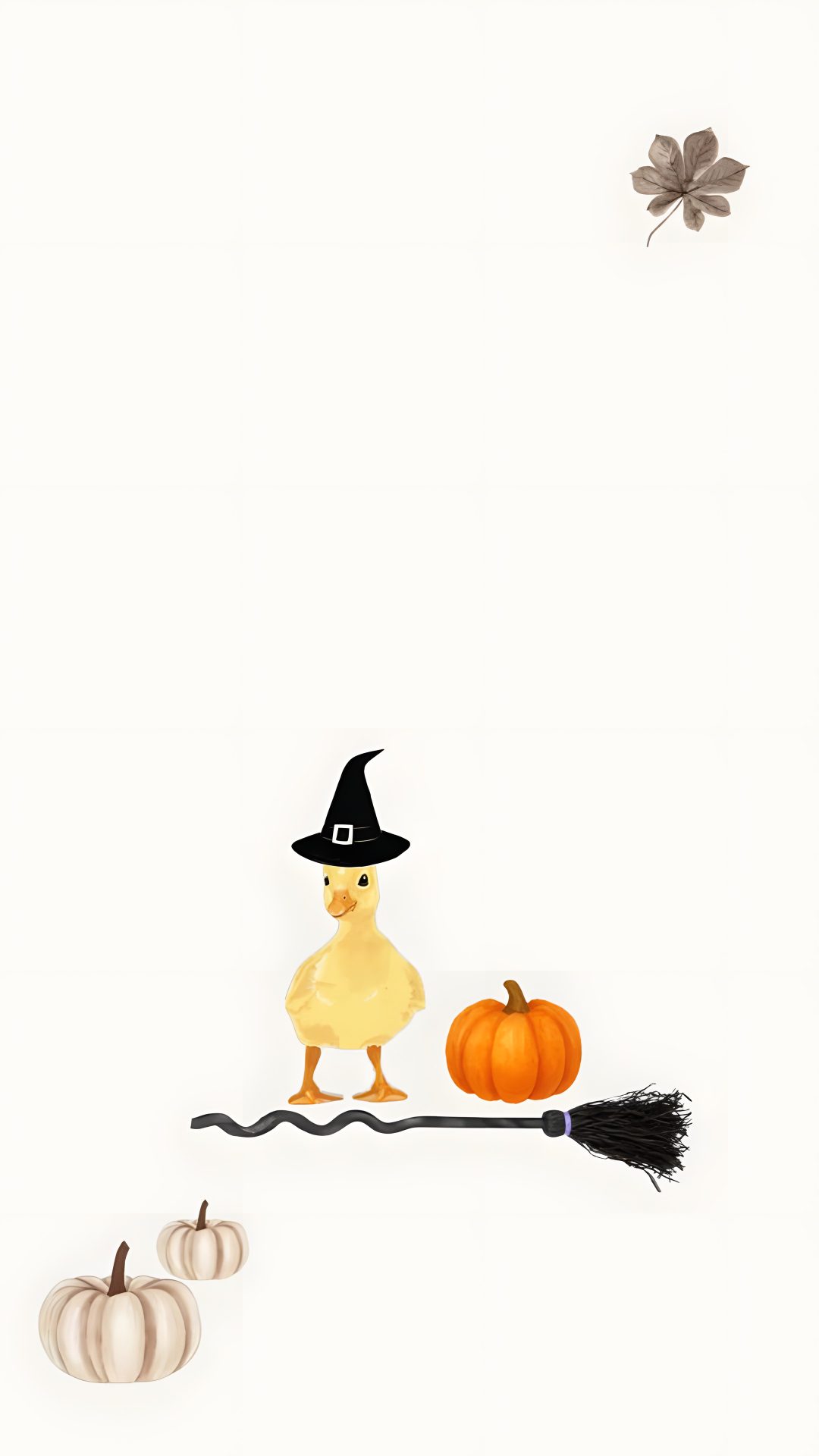 a little duck sitting on top of a broom next to pumpkins Halloween Duck white smoke