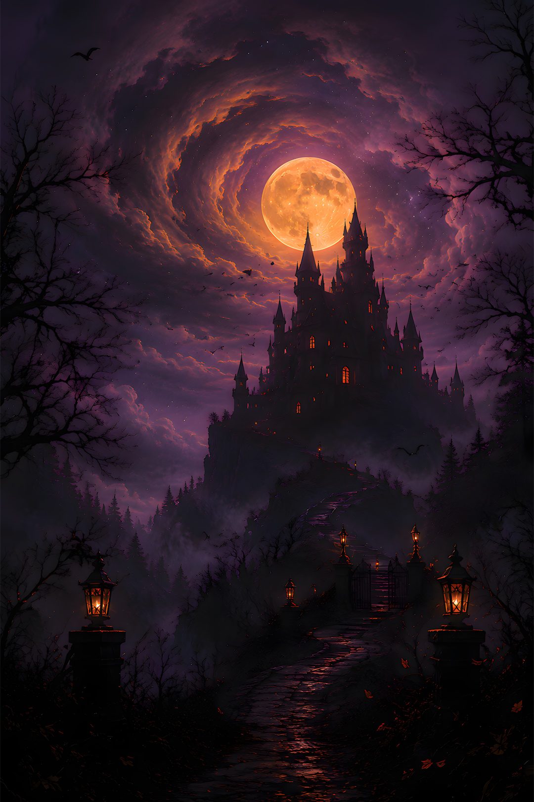 a painting of a castle in the sky with a full moon and trees around it Halloween Castle Background black