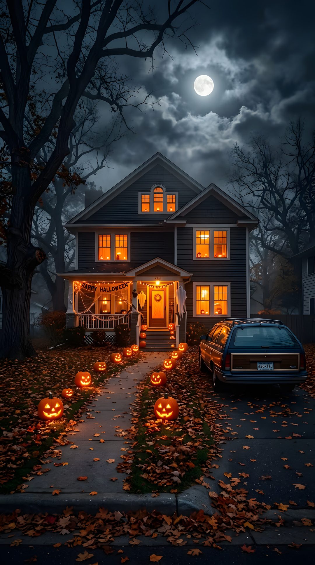 a house decorated for halloween with pumpkins and jack - o'- lantern lights Halloween House Ideas dark slate gray