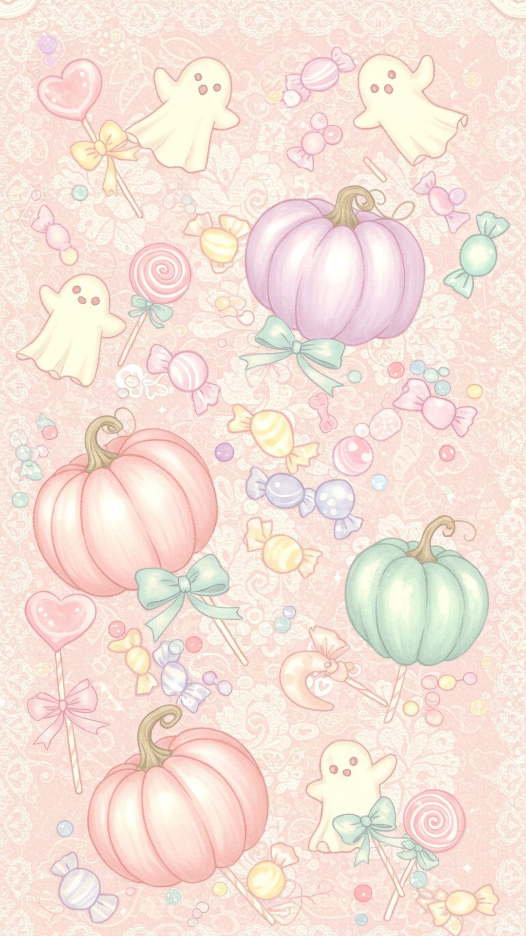 a pink background with some candy and candies in the shape of pumpkins on it Pastel Halloween Medium-pumpkin Patch Halloween, Pastel, antique white