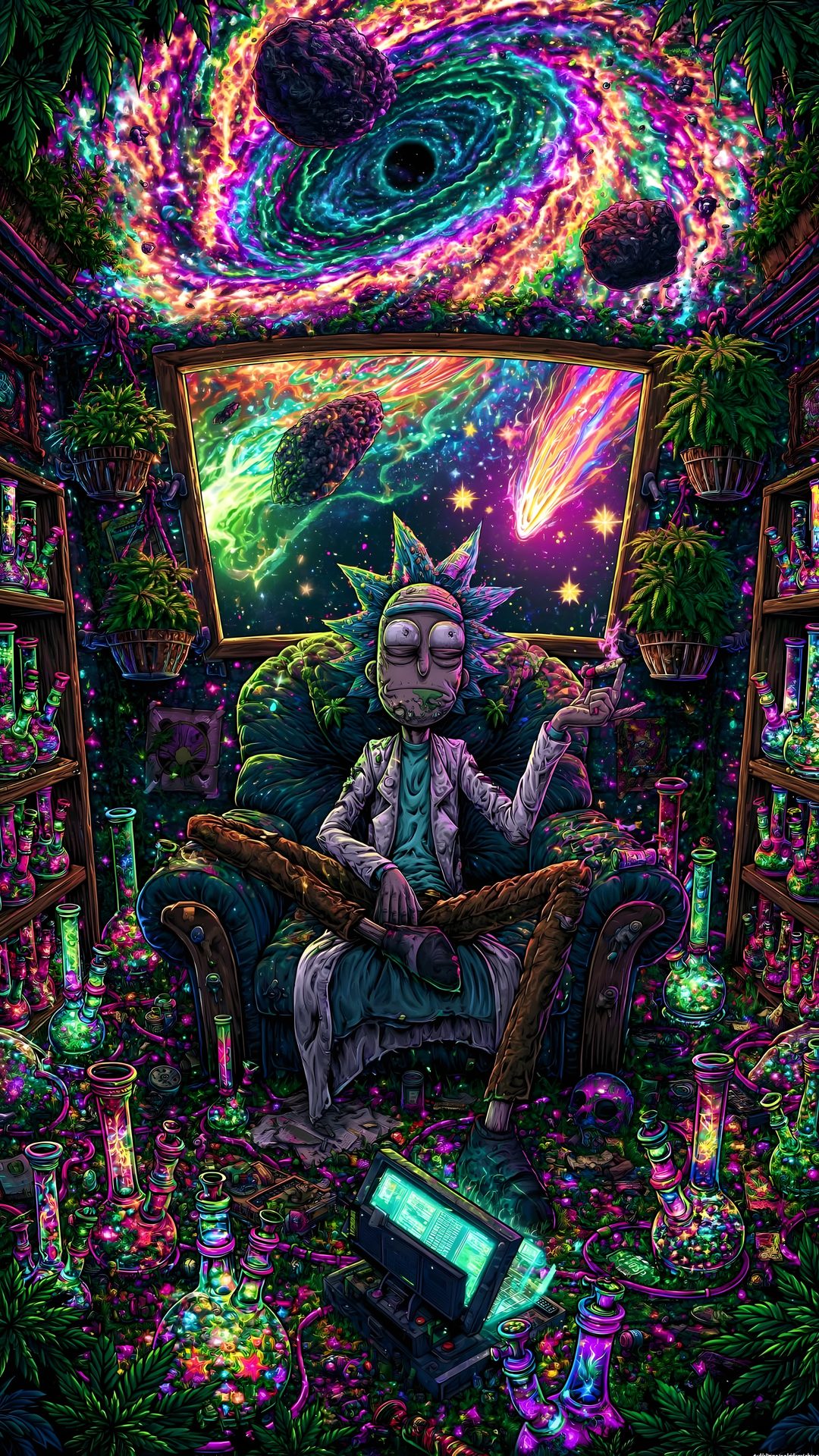 an image of a man sitting in a chair surrounded by plants and other things on the floor Rick And Morty Halloween dark slate gray