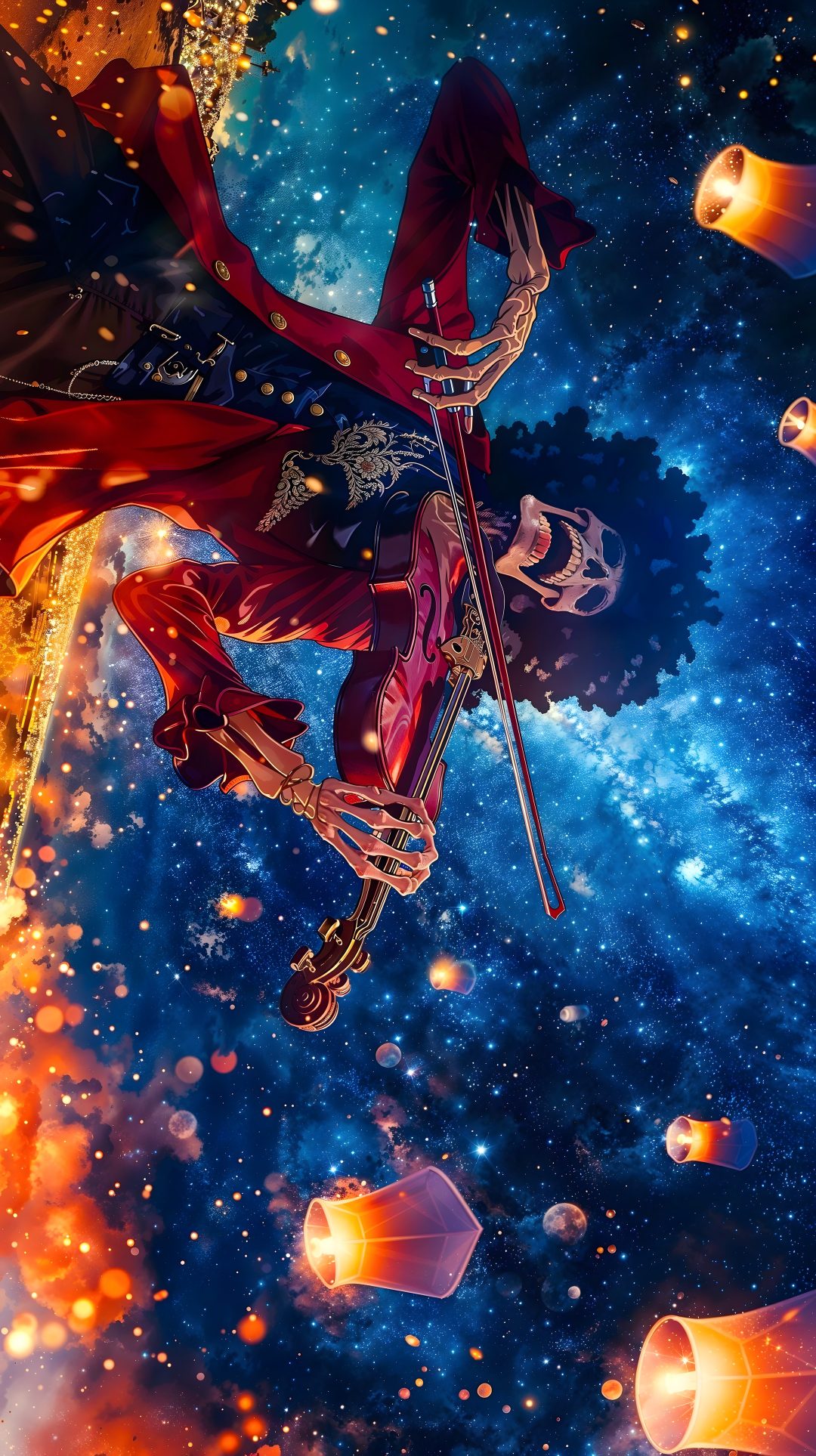 an anime character is flying through the sky One Piece Halloween 4k midnight blue