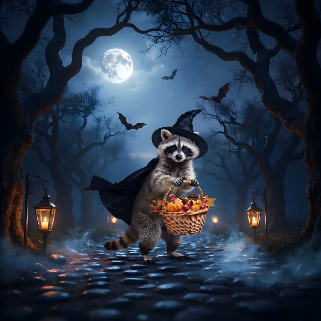 a raccoon dressed as a witch holding a basket full of food Halloween Raccoon Halloween Art, Halloween, dark slate gray