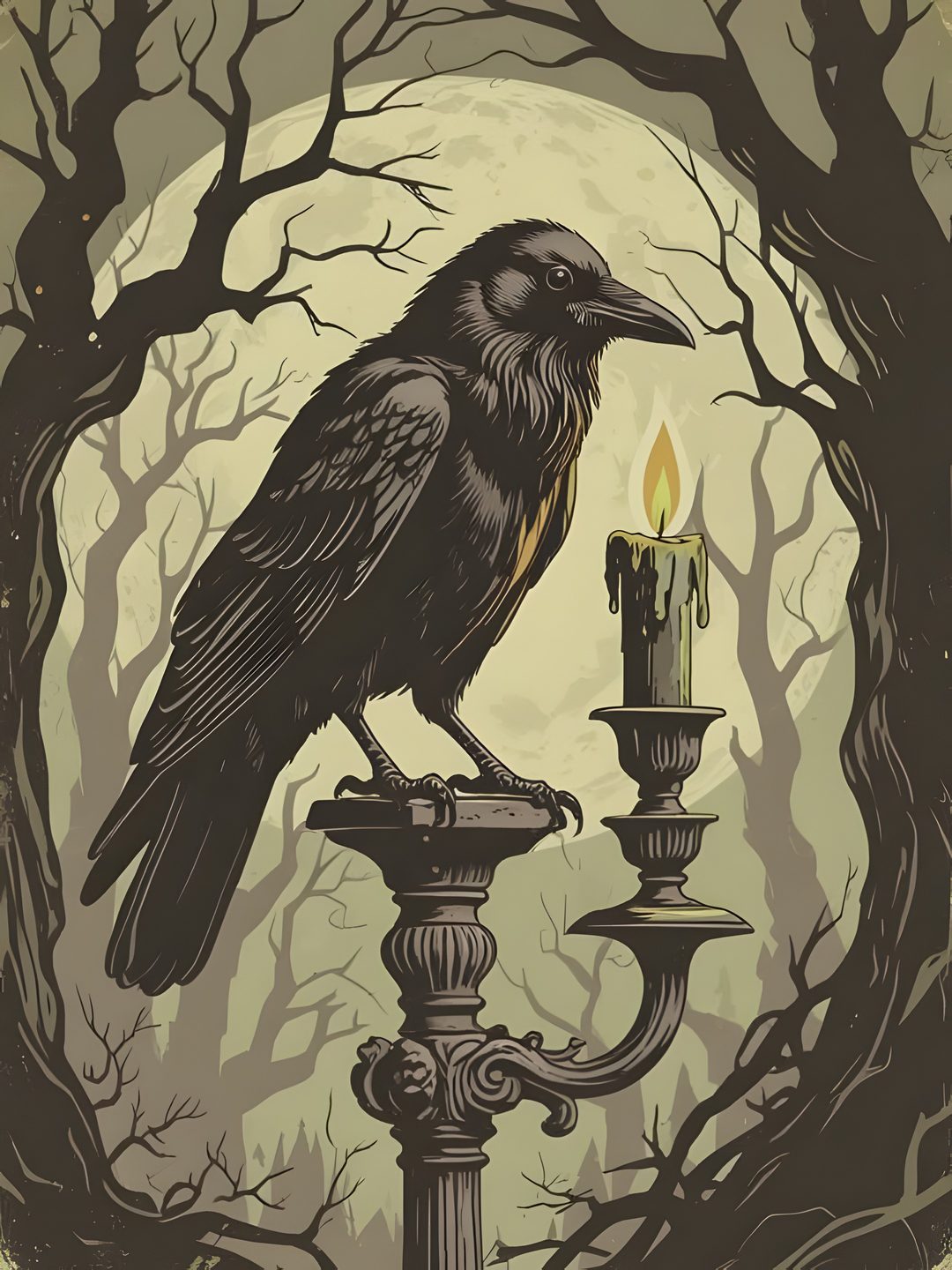 a black bird sitting on top of a lamp post in front of a full moon Halloween Raven dim gray