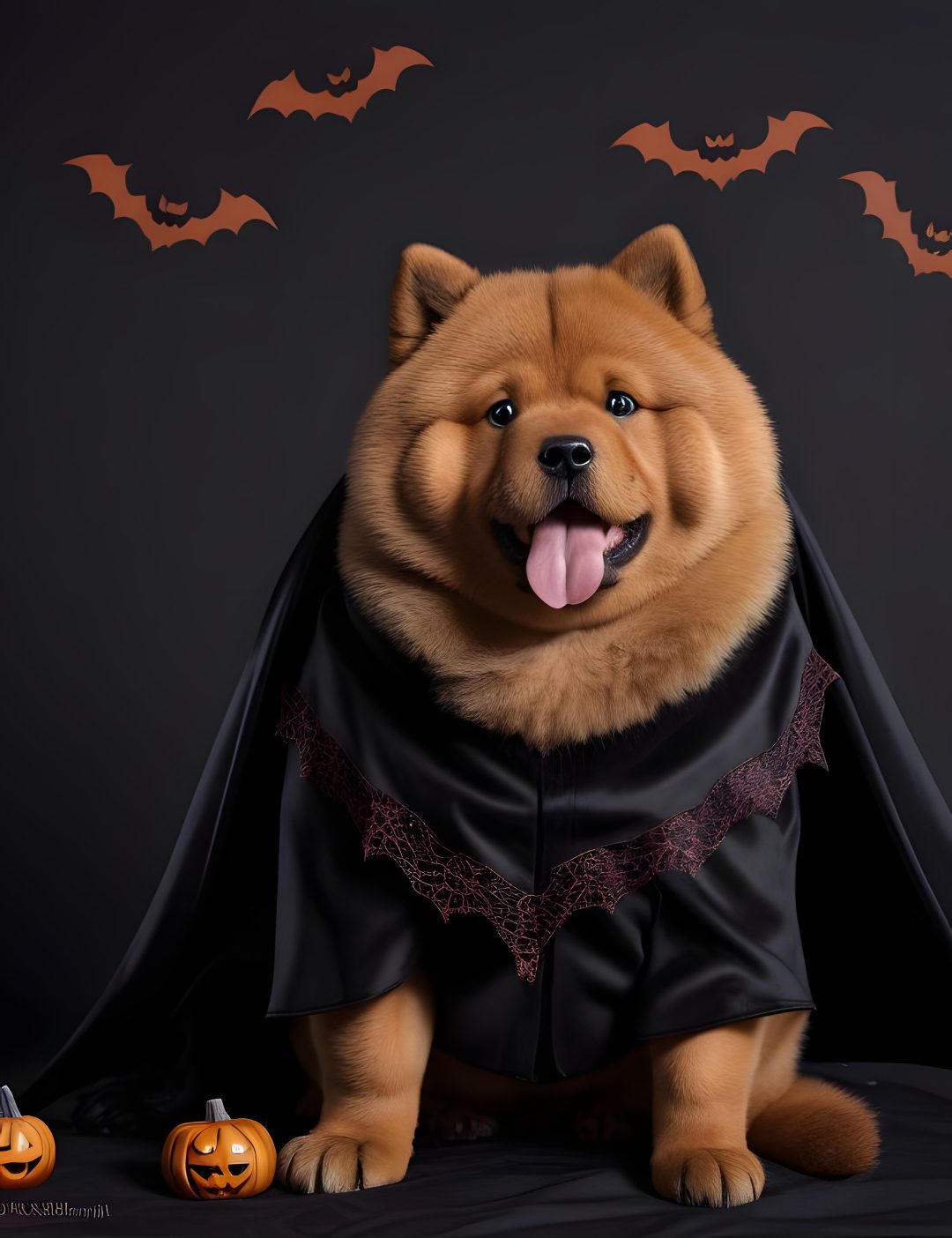 a dog dressed up as a bat with its tongue out Halloween Chow Chow Chow Chow, Halloween, black