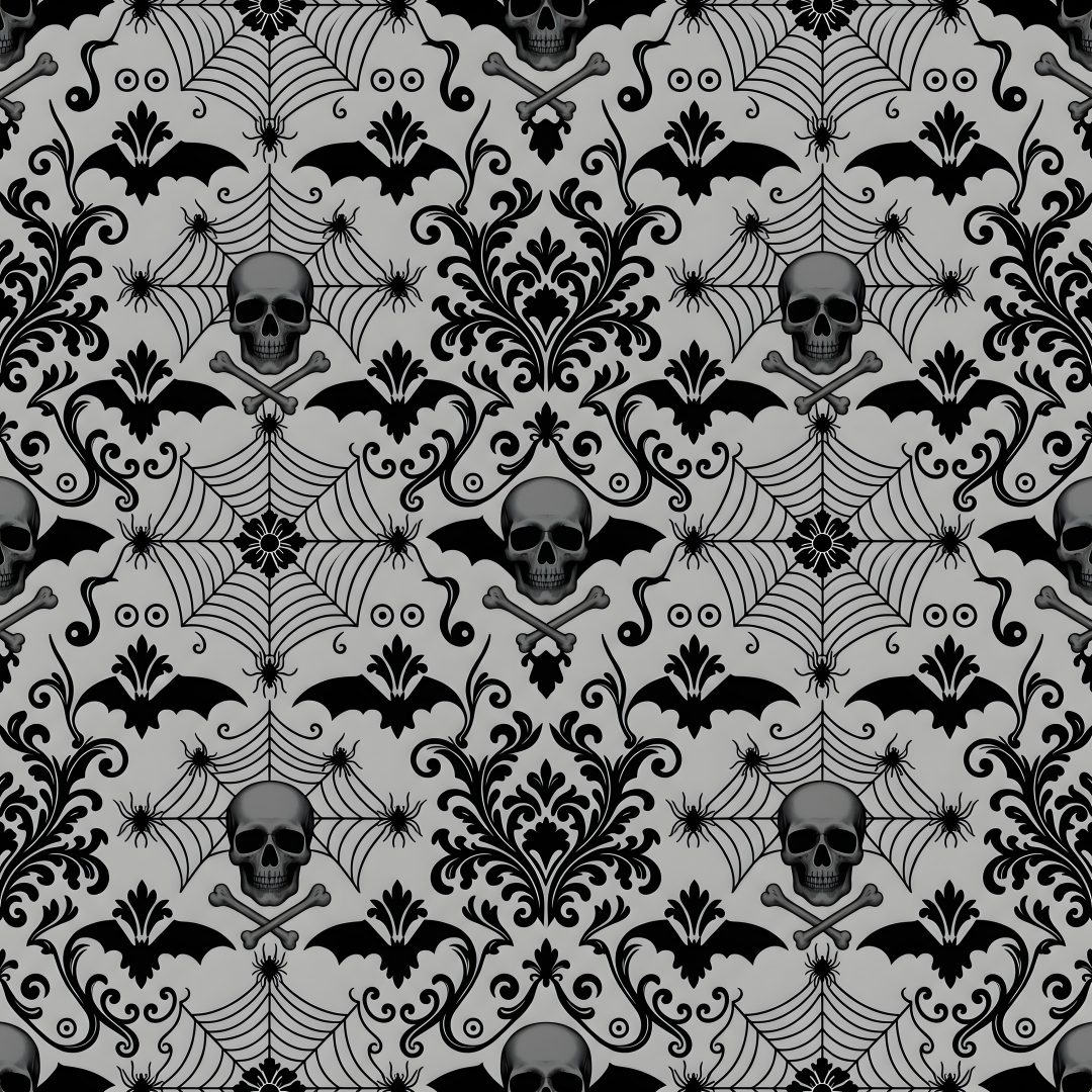 a black and white pattern with skulls Damask Halloween Halloween, dark gray