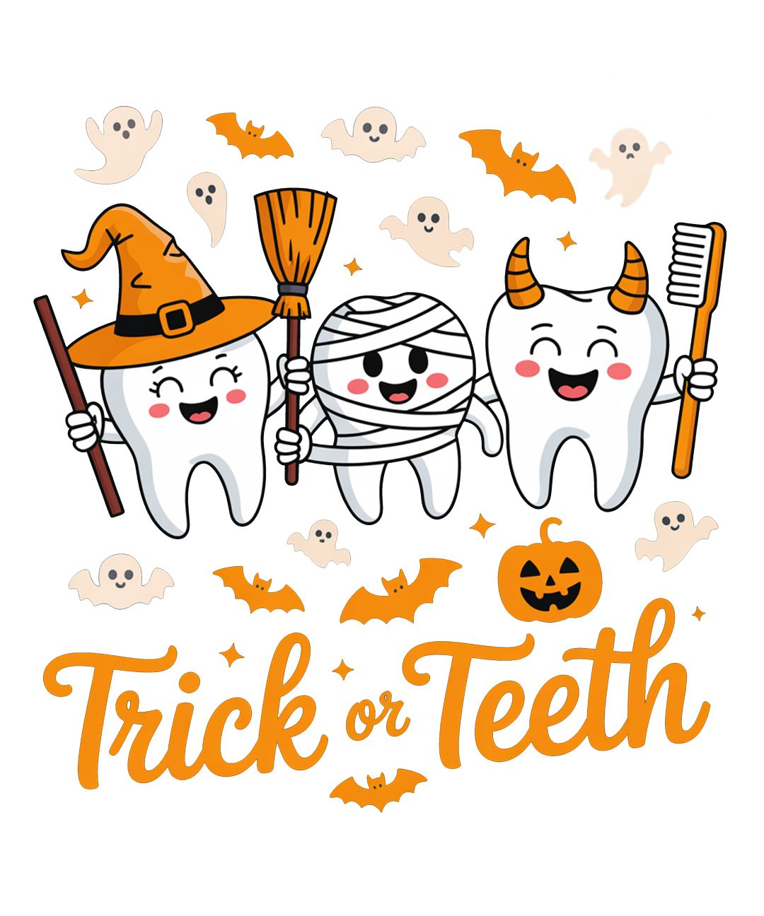 three cartoon toothbrushes with halloween characters on them and the words trick or teeth Dental Halloween Desktop Halloween, white