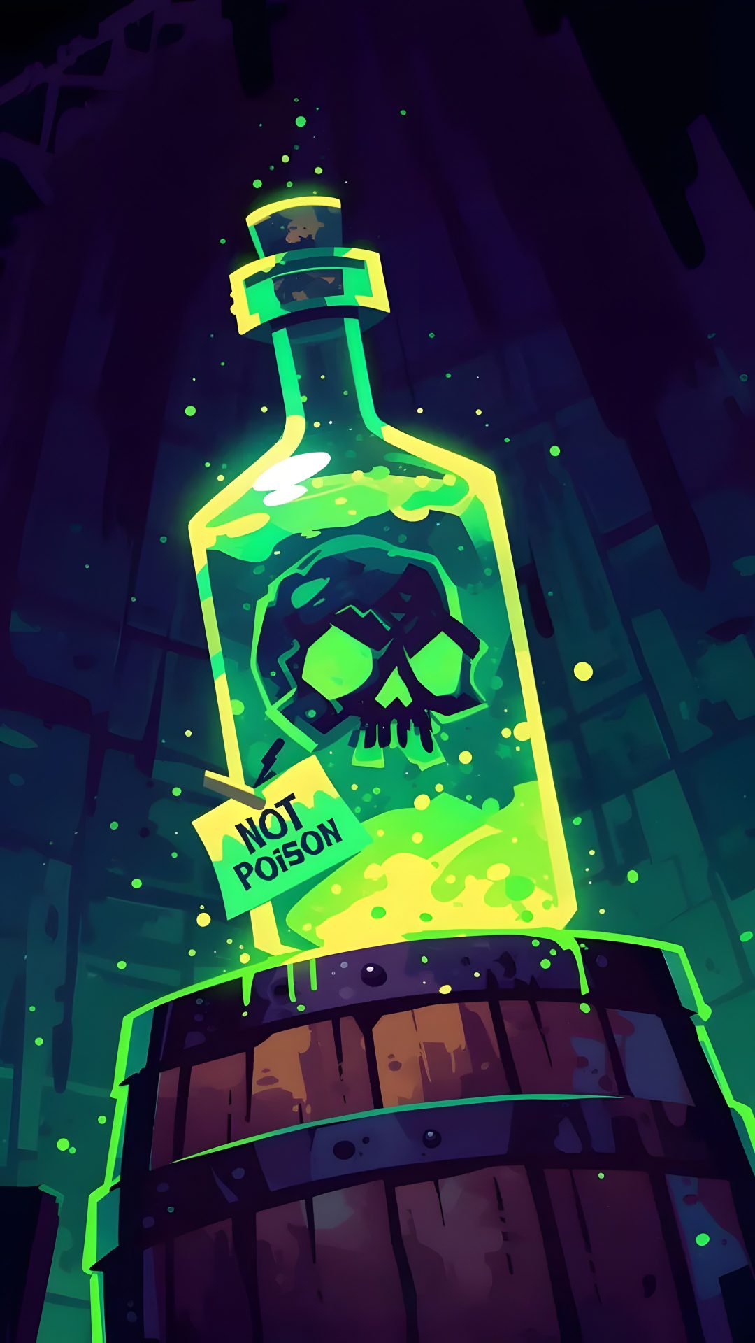 a bottle with a skull on it sitting on top of a barrel in the dark Halloween Potion midnight blue
