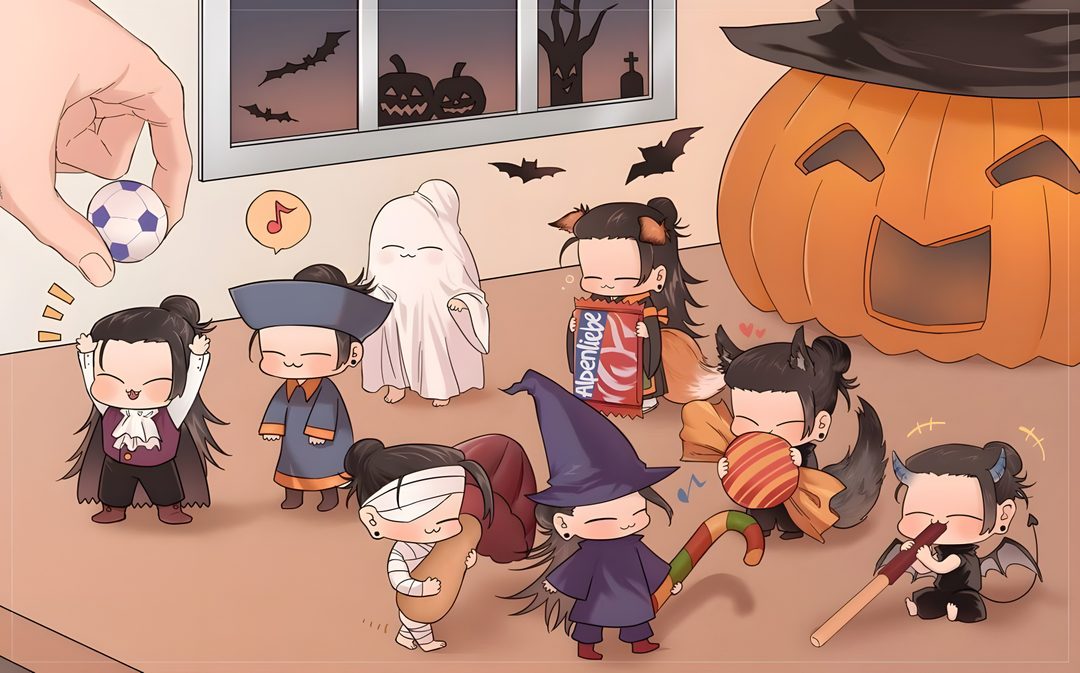 a group of cartoon characters standing in front of a halloween themed room with pumpkins and jack - o'- lanterns Jujustu Kaisen Halloween 1920x1080 Jujutsu, Dibujos Bonitos, dark salmon