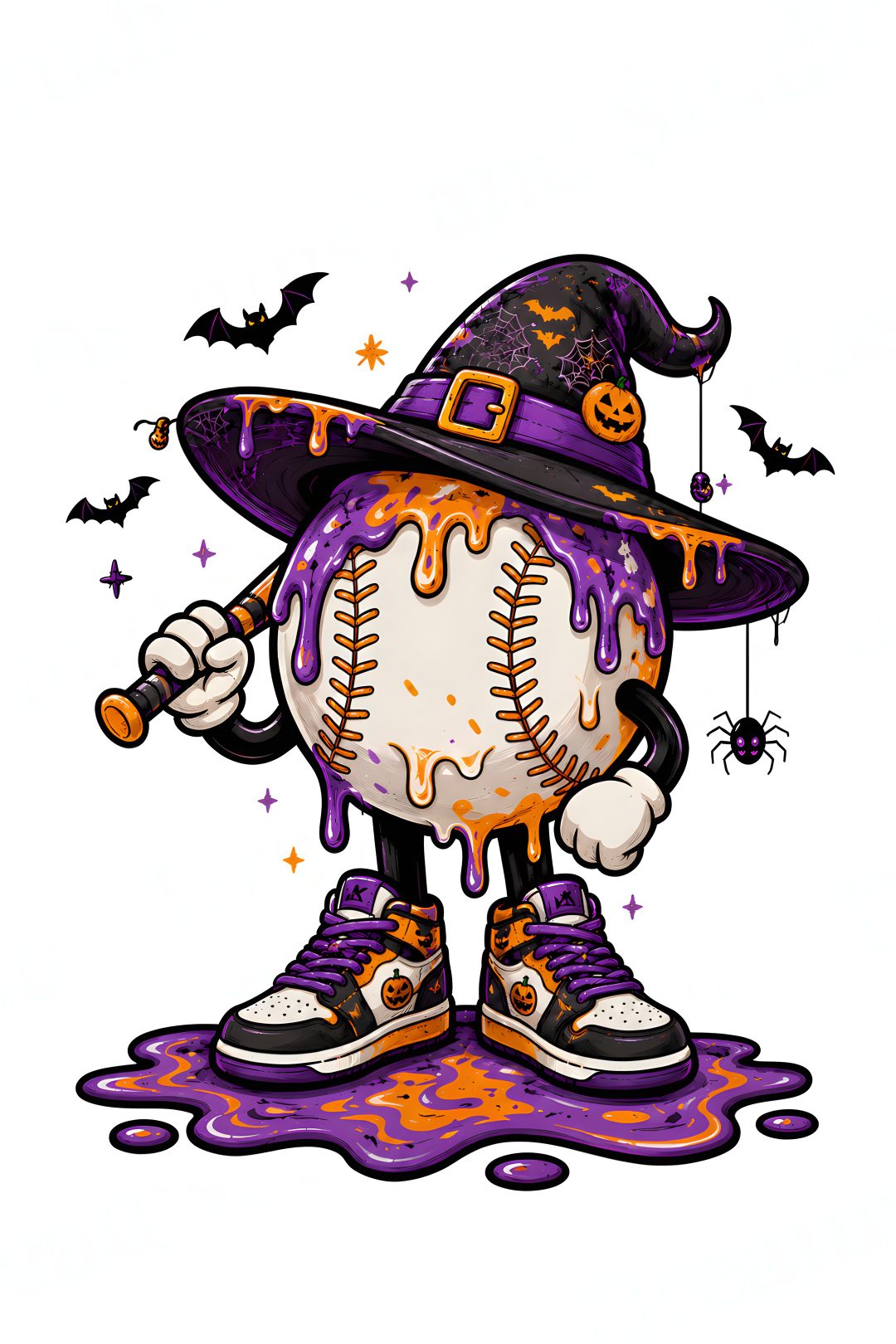 a cartoon halloween baseball character wearing a witch hat and holding a bat Halloween Softball snow