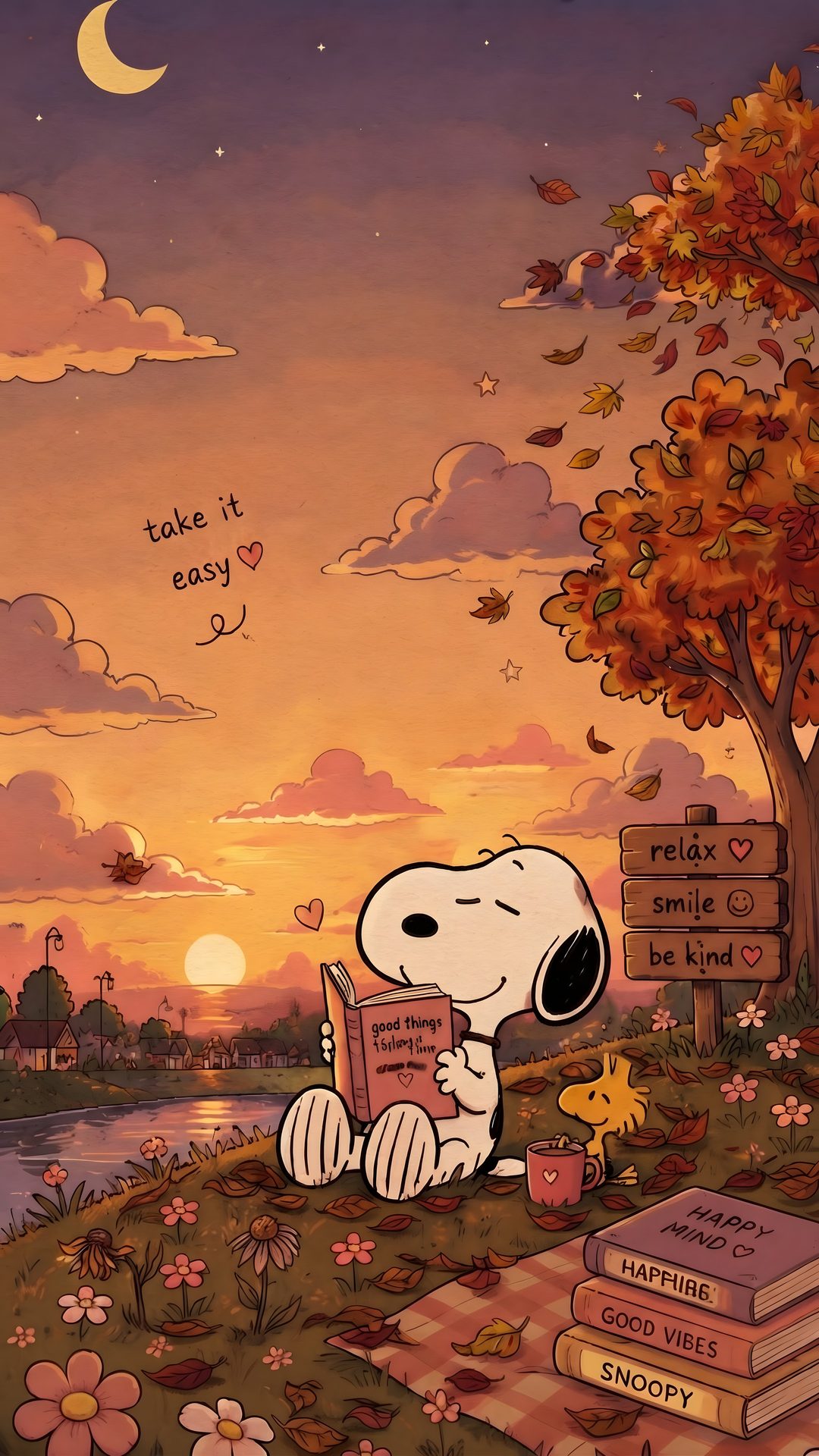 a cartoon dog sitting on top of a pile of books next to a tree with the sun setting in the background Snoopy Halloween 4k sienna