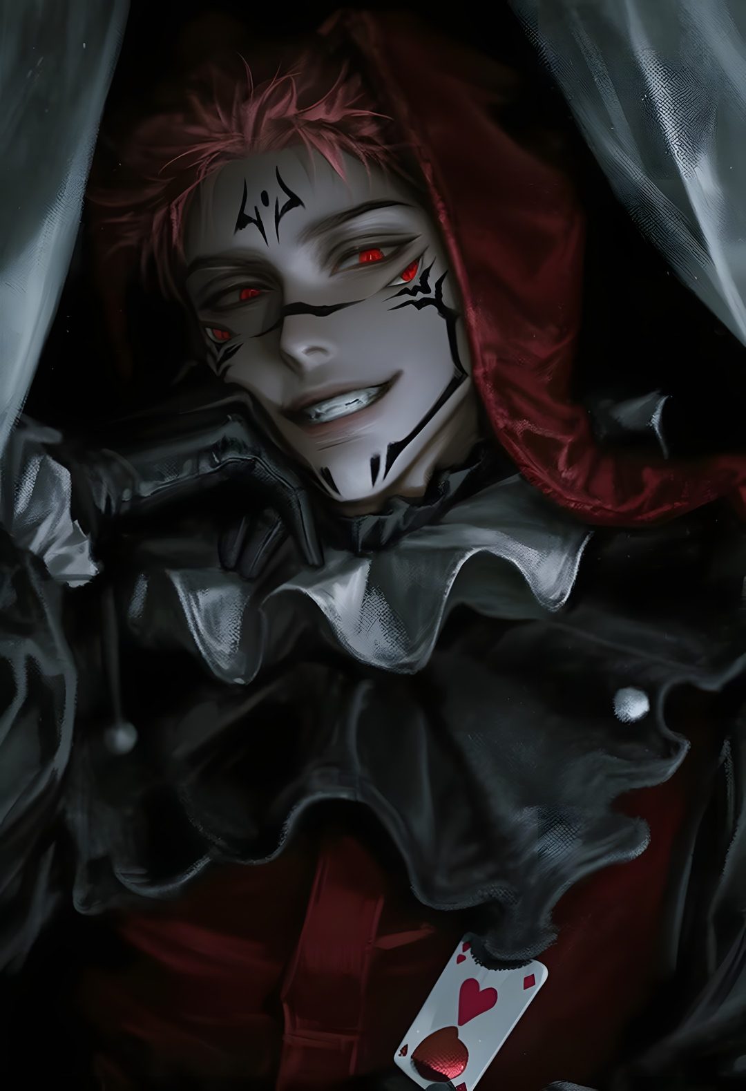 a creepy clown with red eyes hiding behind a curtain and playing cards in his hand Sukuna Halloween You Dont Want Me, Jujutsu, Fan Art, black