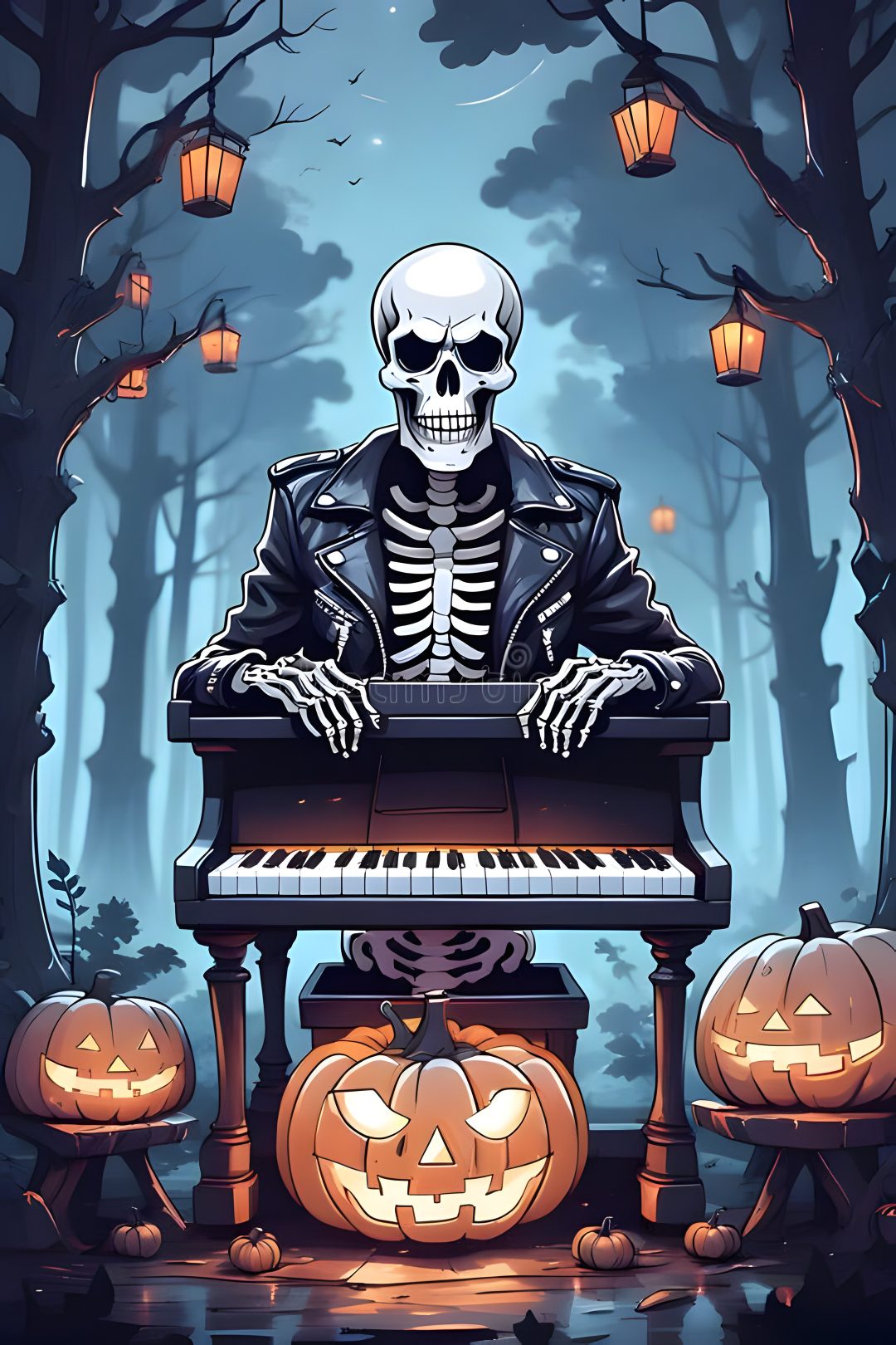a skeleton sitting at a piano with pumpkins Cute Halloween Skeleton dark slate gray