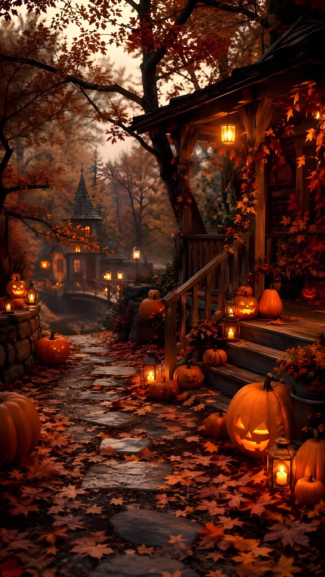 pumpkins are lit on the steps in front of a house Halloween Nature maroon