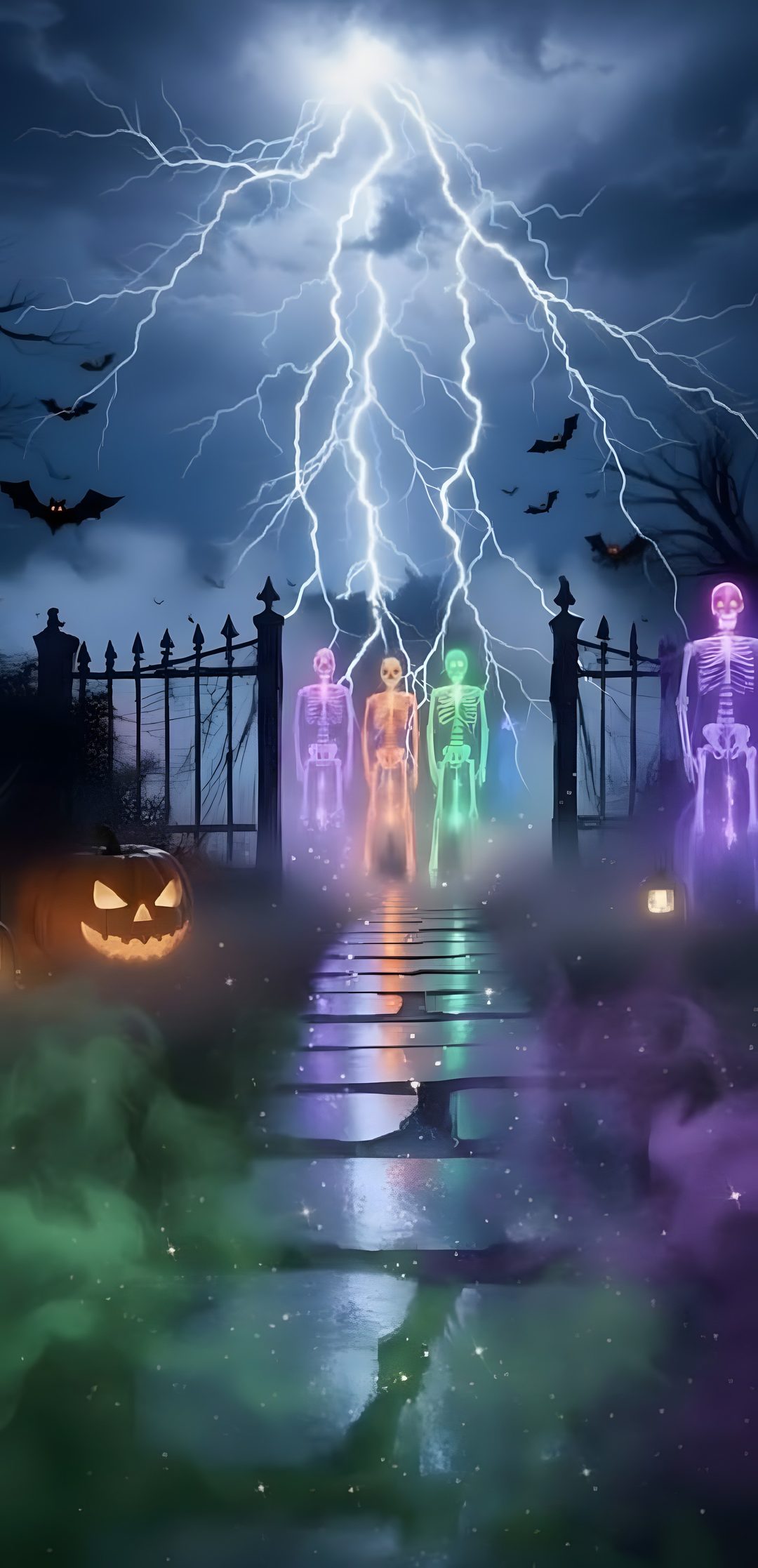 a halloween scene with pumpkins, ghost and lightning Aesthetic Spooky Neon Halloween dark slate gray