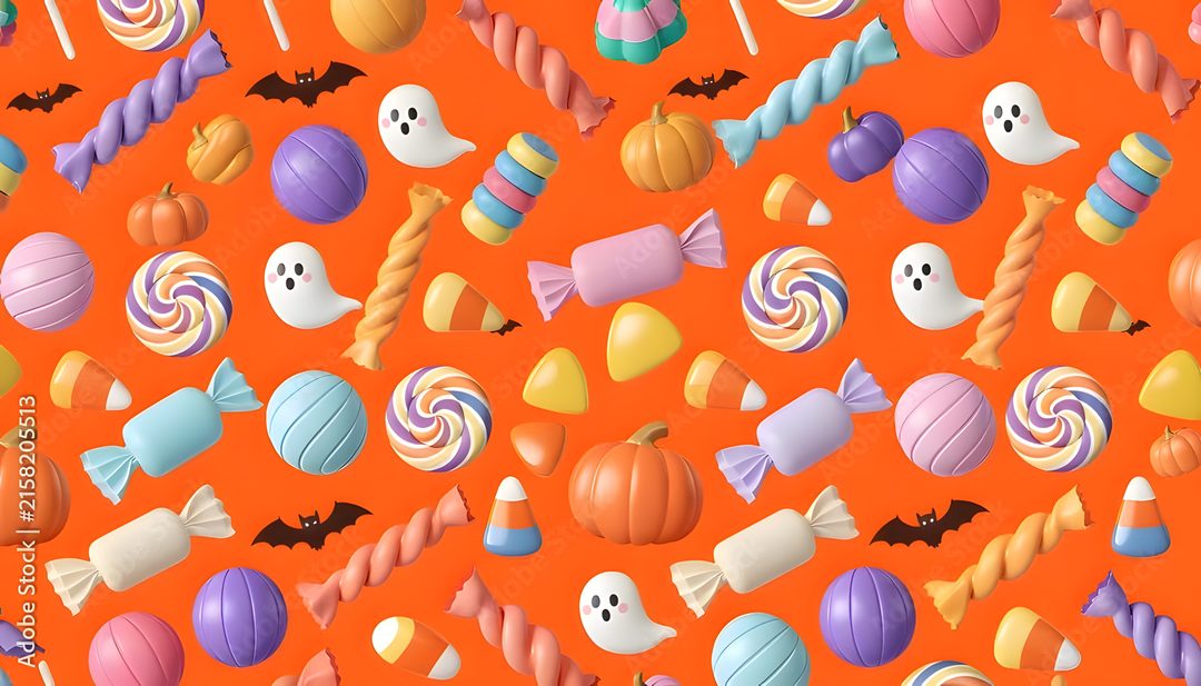 an orange background with lots of candy and lollipops in different colors on it Halloween Candy For Walls tomato