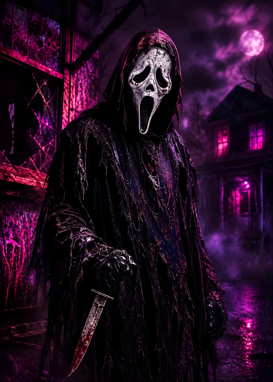 a man in a scary mask holding a knife and wearing a black robe with purple lights behind him Halloween Scary Scream black