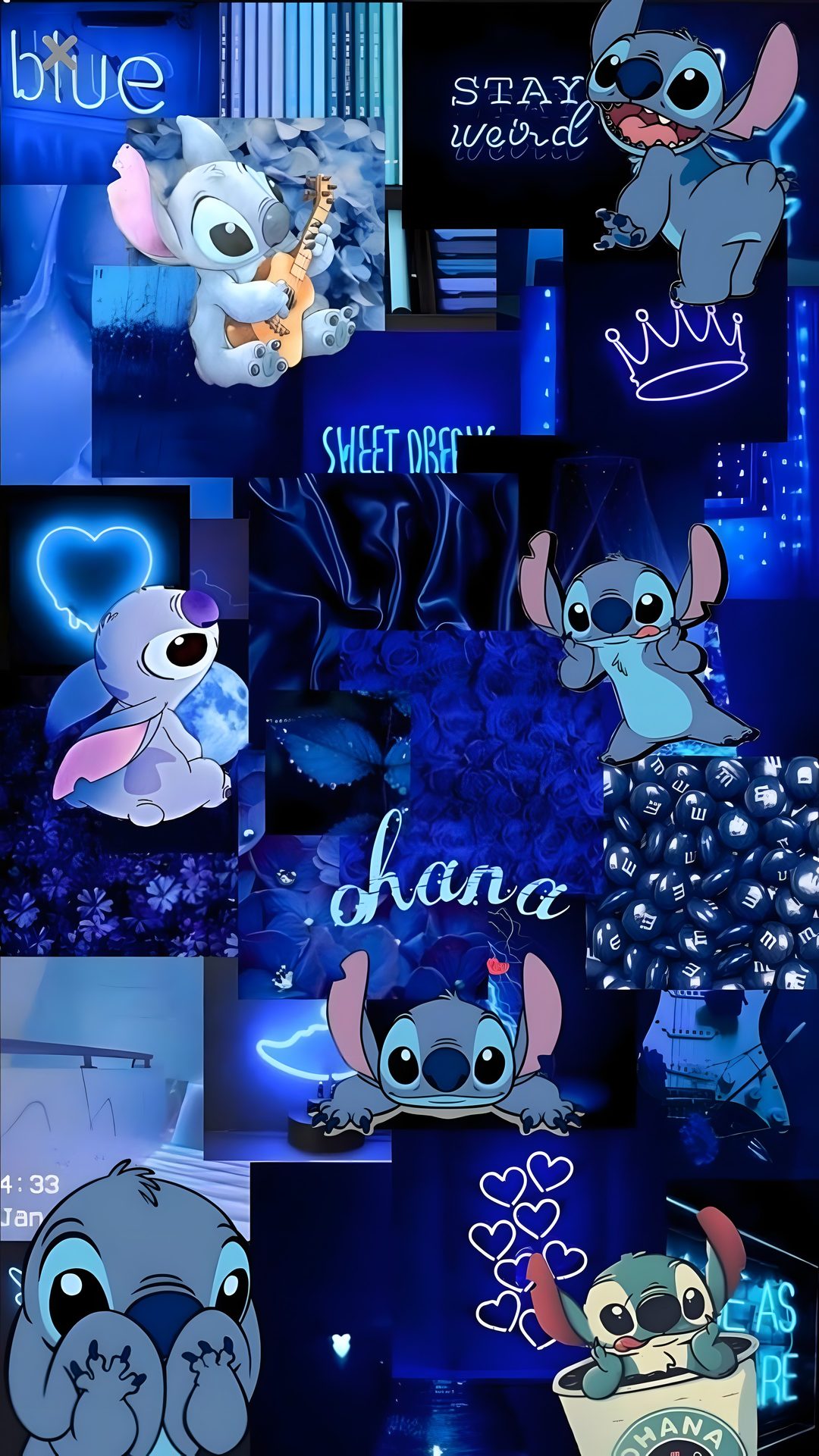 some cartoon characters with different colors and font on their faces, in the style of disney's stitchy world Kawaii Kawaii Cute Stitch Halloween midnight blue