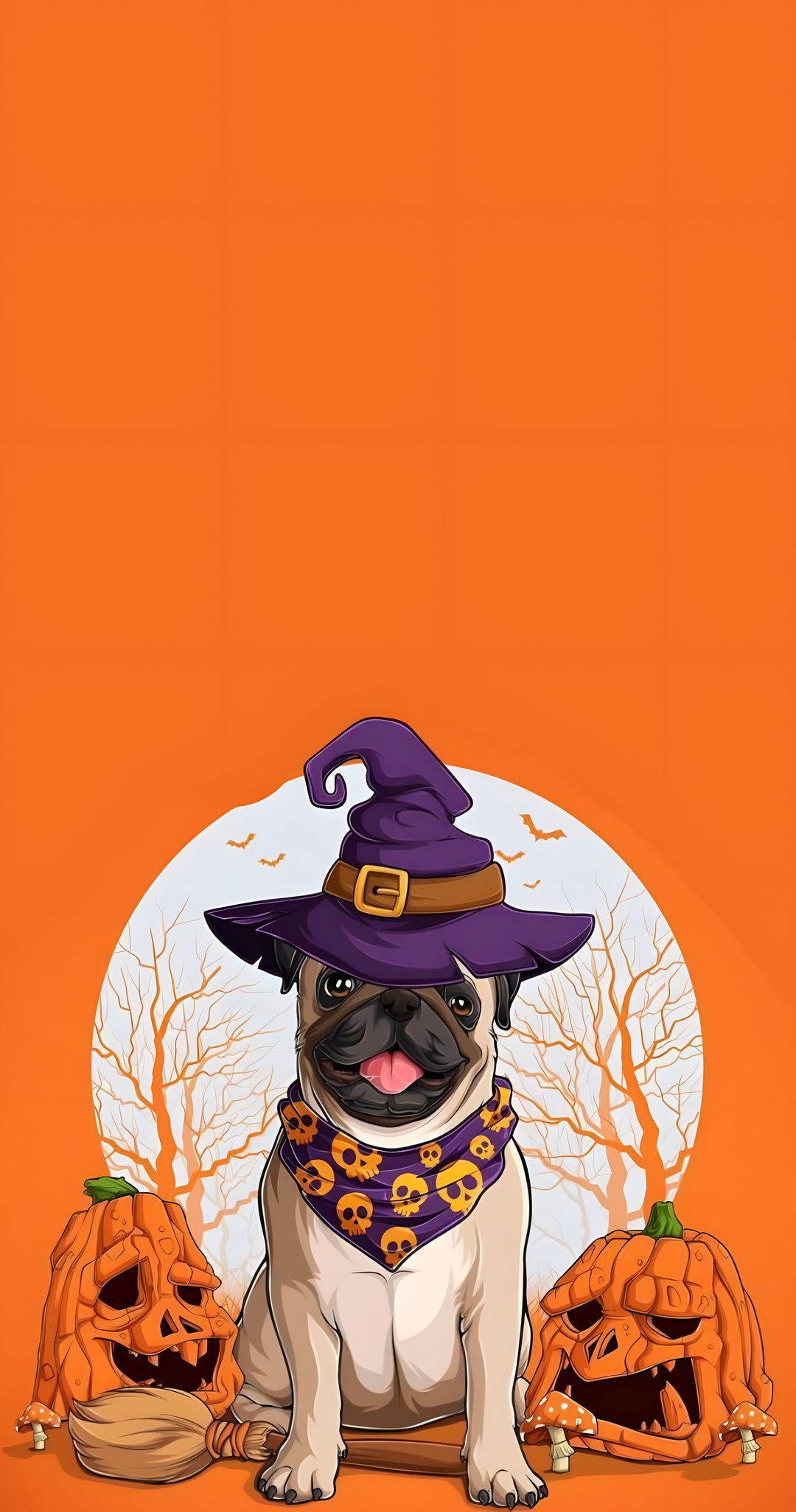 a pug dog wearing a witches hat and sitting next to two pumpkins on an orange background Halloween Pug Iphone Movie Posters, Fabric, Film Posters, chocolate