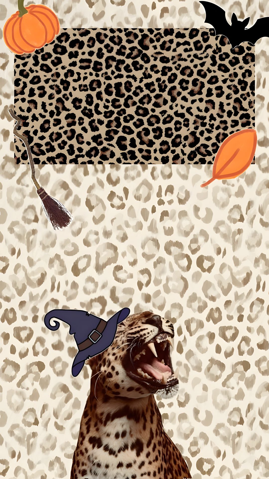 a leopard with a witch hat and pumpkins on it's head sitting in front of a leopard print background Halloween Leopard Print tan